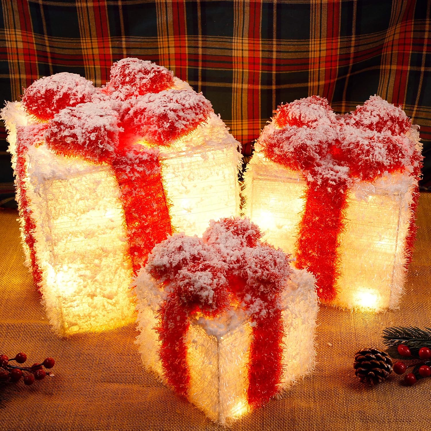 ATDAWN 12" Set of 3 Lighted Gift Boxes Christmas Decorations, White Snow Pre-lit Present Boxes, Christmas Home Gift Box Decorations