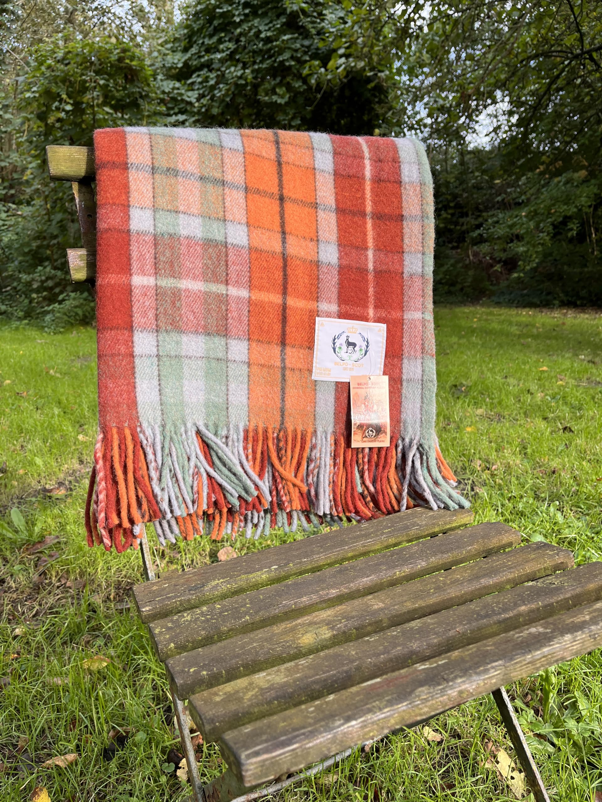 Couverture Pique-nique Vintage En Laine Tartan – Écosse, 54x64 Pouces, Franges, Rouge/vert