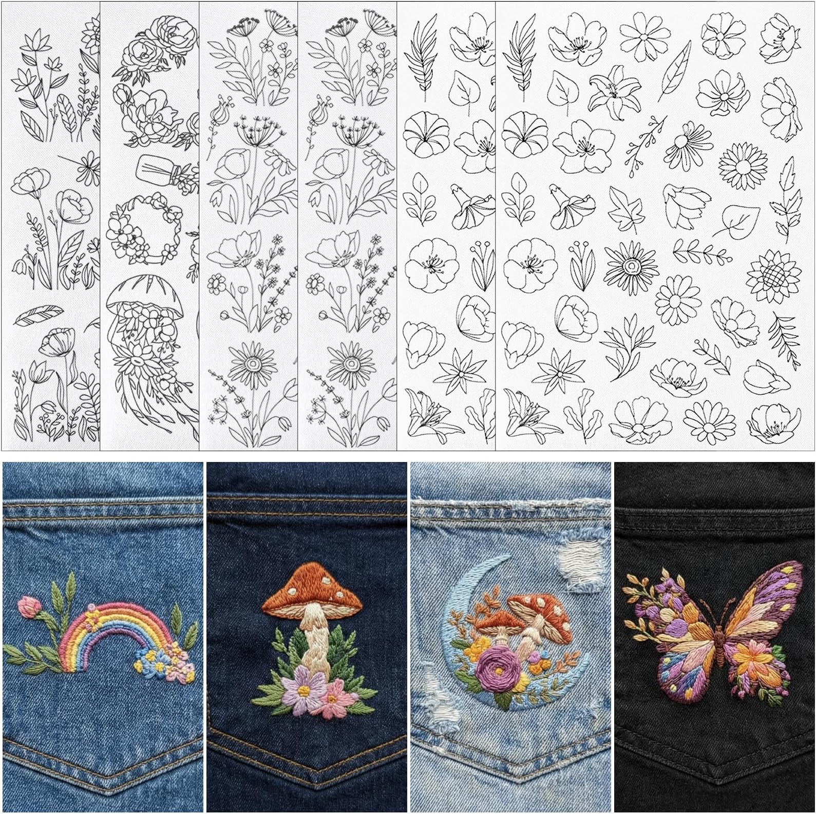 8 Sheets 105 Pieces Embroidery Patterns Water Soluble Self-Adhesive Water Soluble Embroidery Fleece with Floral Patterns, Transfer Paper Embroidery Pattern, Embroidery Embroidery for Beginners DIY