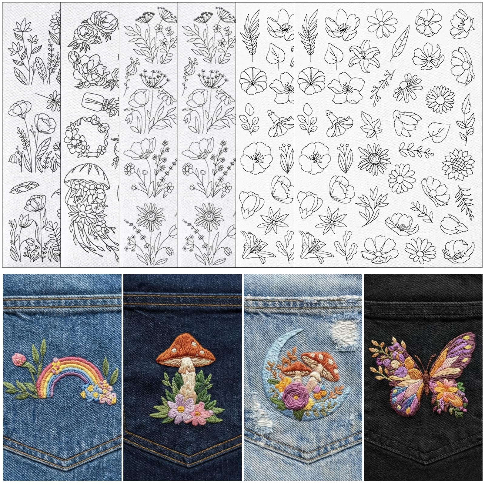 – 8 Sheets 210 Pcs Water Soluble Embroidery Stabilizer, Stick & Stitch Embroidery Paper with Pre-Printed Floral, Flowering Shrubs & Leaves Patterns, DIY Transfer Stencils for Hand Sewing