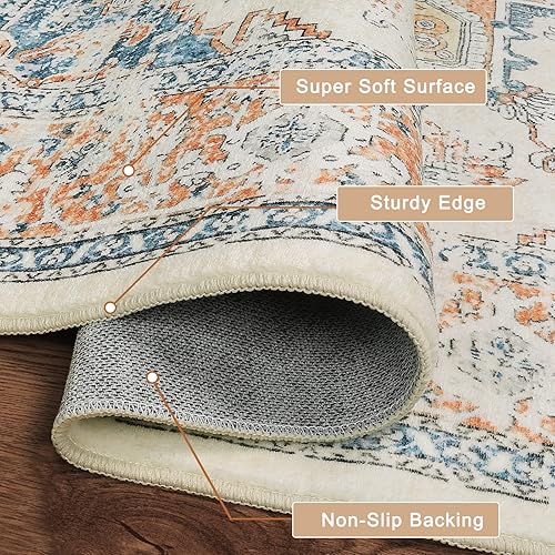 Miniatura 2 de Alfombra redonda lavable de 4 x 4 pies, alfombra circular vintage para entrada de dormitorio, alfombra circular de pelo bajo, alfombra envejecida