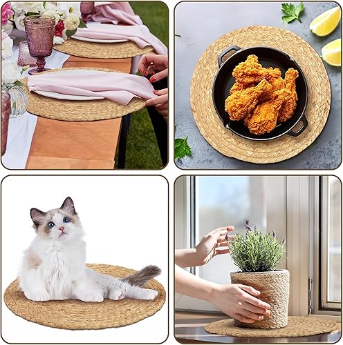 Miniatura 7 de Juego de 24 manteles individuales redondos tejidos de 12 pulgadas, manteles individuales de jacinto de agua natural, tejidos a mano, manteles