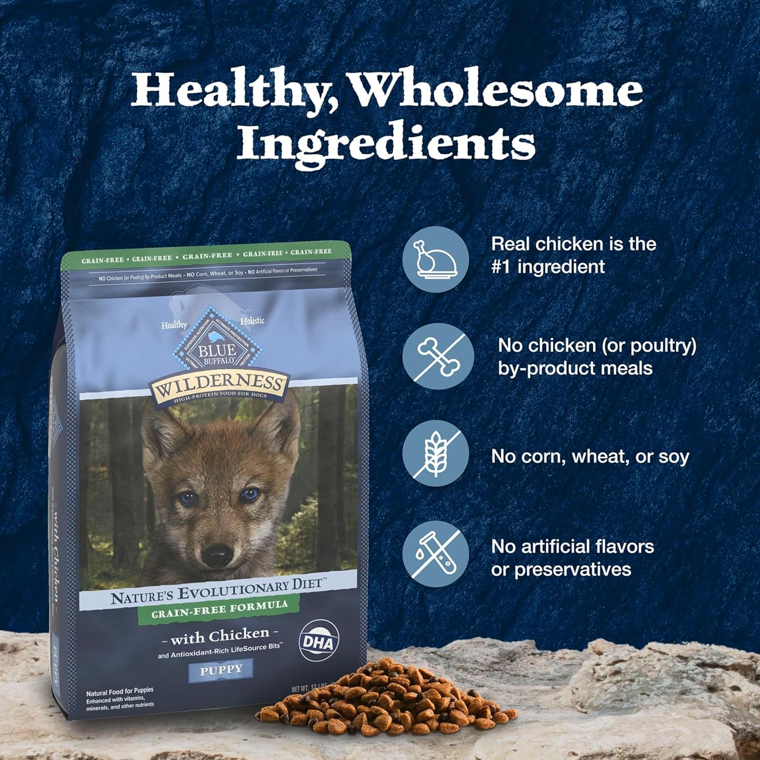 Blue Buffalo Wilderness Puppy High-Protein Dry Dog Food with Real Chicken, Grain-Free, Made in The USA with Natural Ingredients, Chicken, 13-lb. Bag