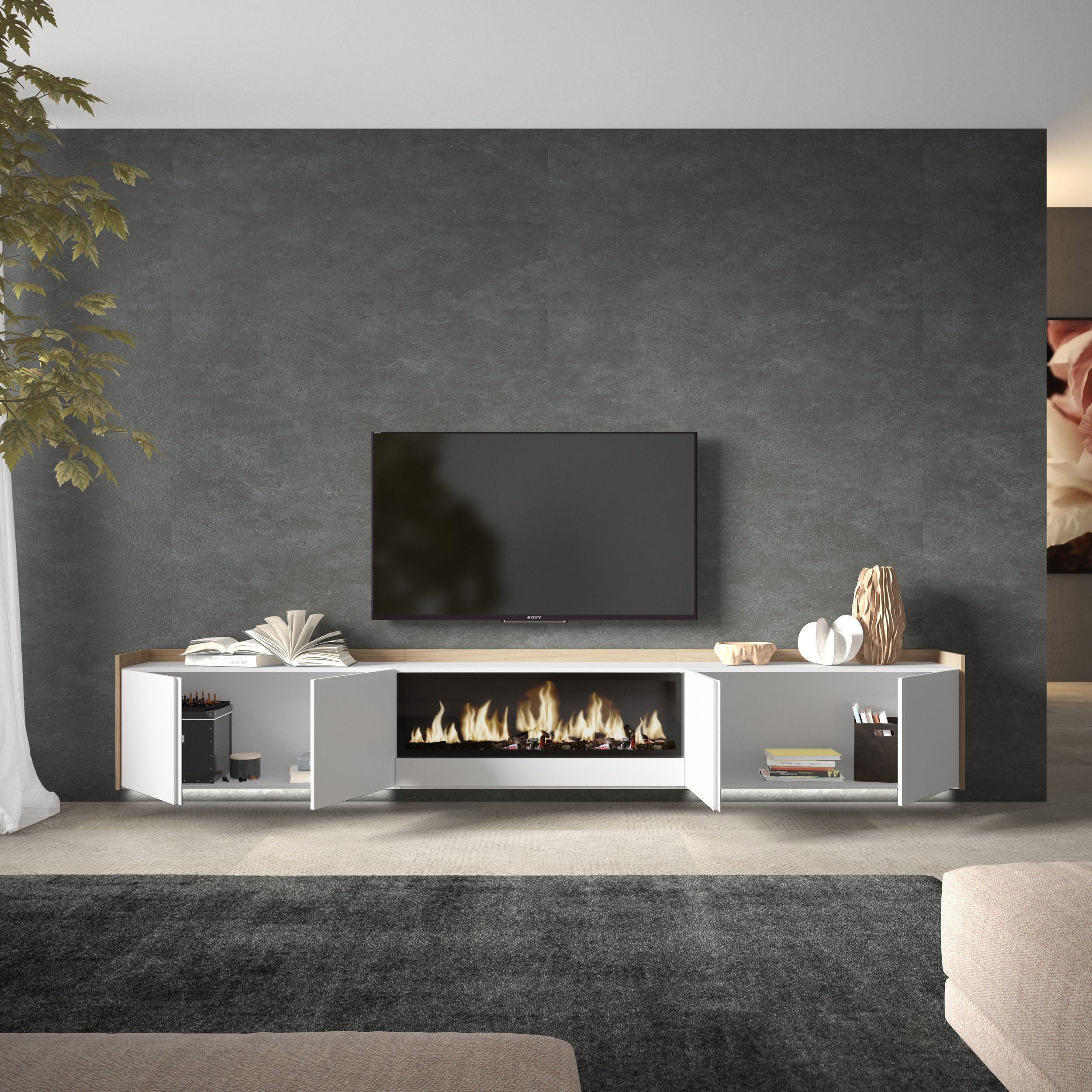 Skraut Home | Mueble TV | Muebles de salón, almacenaje | 315x50x35 cm | para televisión hasta 80" | Chimenea eléctrica XXL | Colgado, Suspendido | LED | Estilo Moderno | Blanco y Roble Soft