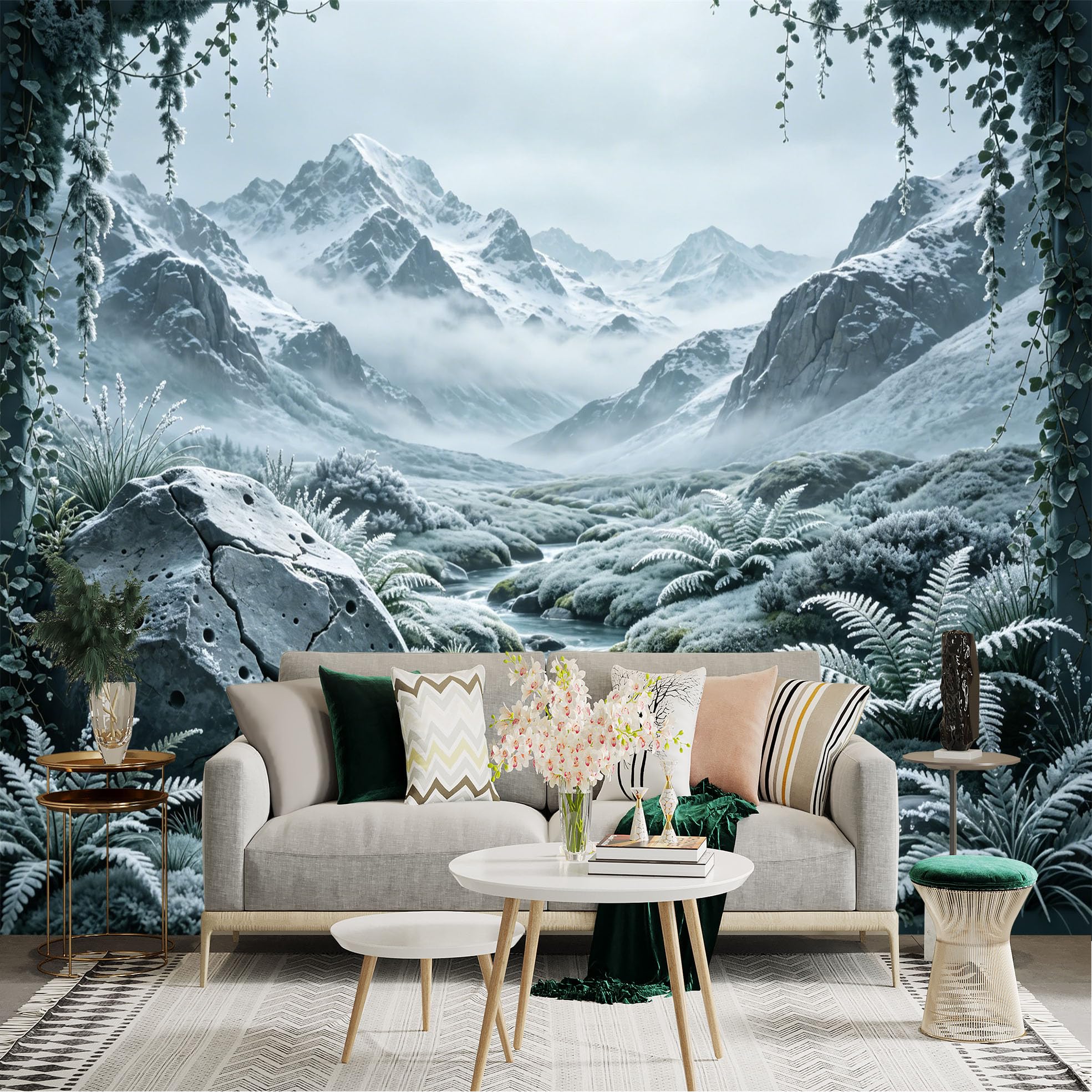 Custom Size Wall Sticker Mural， Snowy Mountain Landscape with River， Frosted Plants and Rocks， for wall Decoration， peelandstick wall Decals.