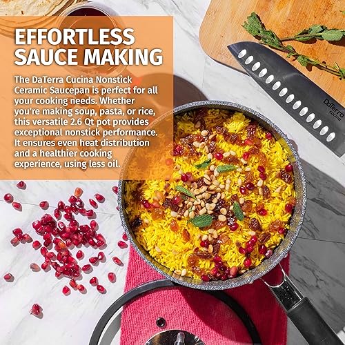 Miniatura 3 de DaTerra Cucina - Cacerola de cerámica antiadherente de 2.6 cuartos de galón con tapa – Olla de cocción compatible con inducción, sartén de cerámica