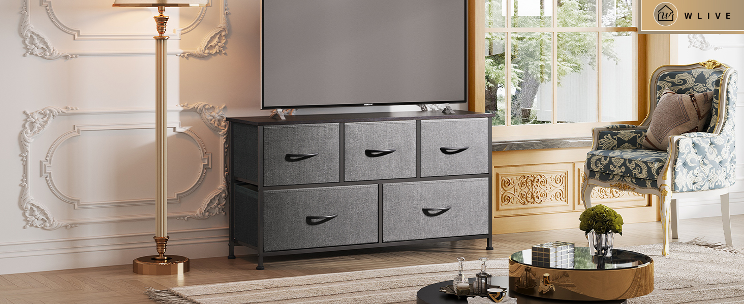 grey fabric dresser Fabric Dresser for Bedroom, Wide 5-Drawer Chest of Drawers with Storage Organizer Unit, Light Grey