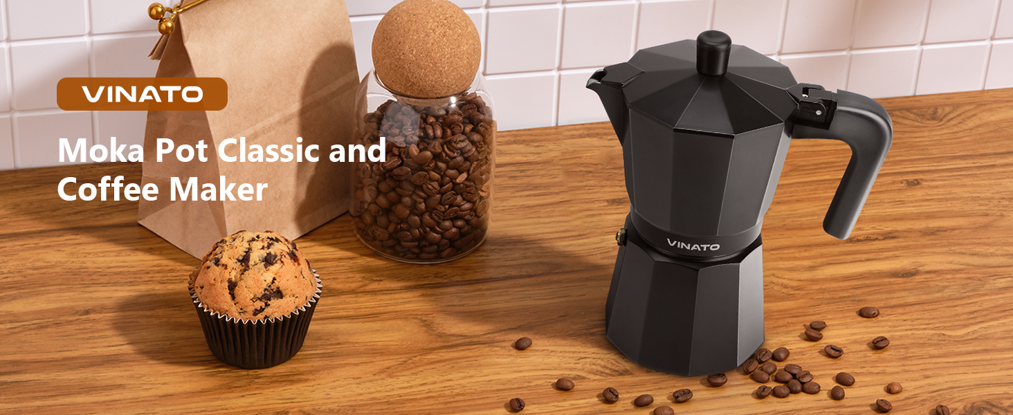 Cafetière Italienne Moka VINATO 6 Tasses - Compatible Induction, Gaz, Céramique - Aluminium Et Acier Inox, Soupape De Sécurité