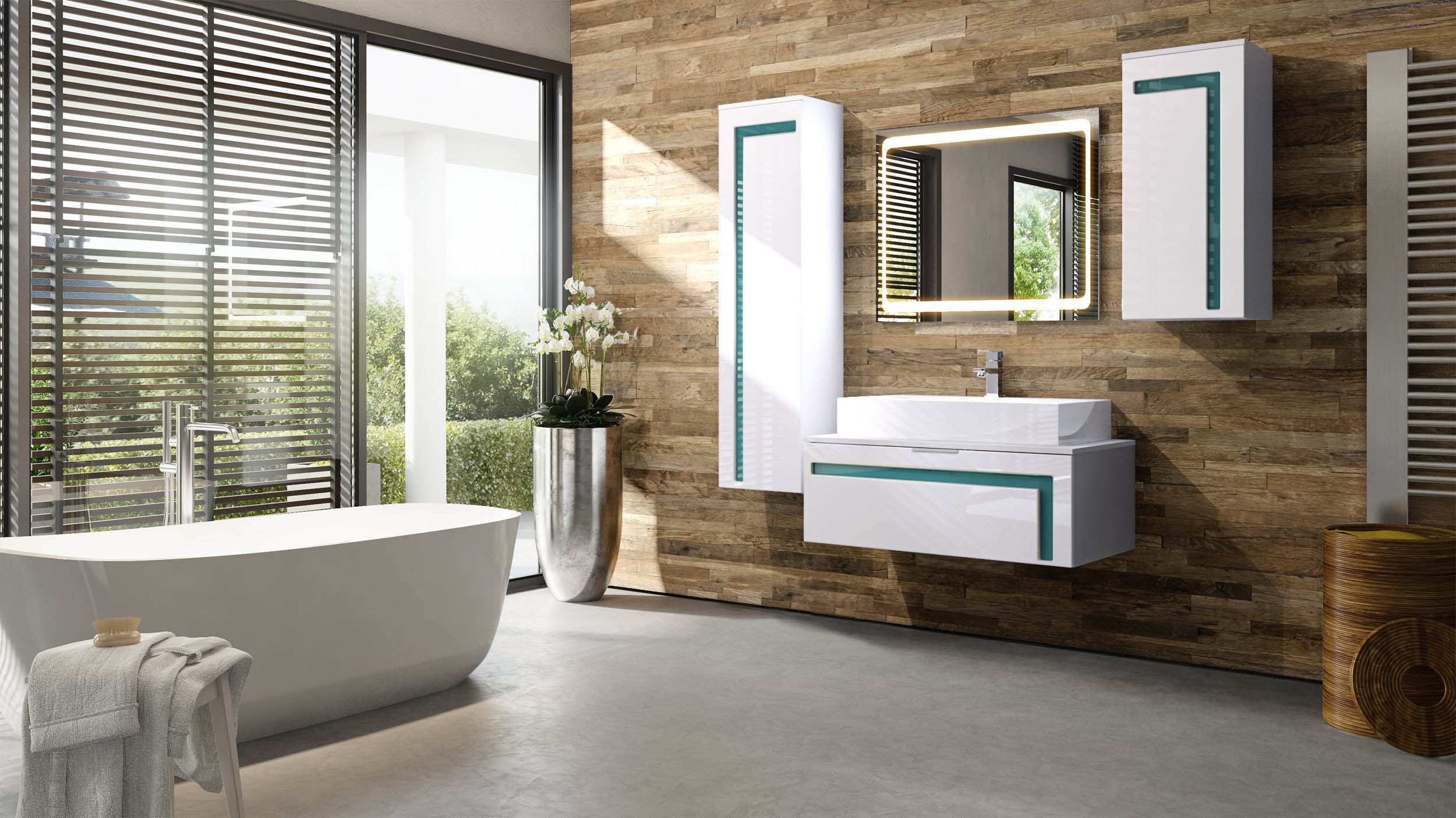 Set Mobile Bagno Vladon Aloha V2 – 189x193x51 Cm, Bianco Opaco/lucido Con Dettagli Petrolio, Lavabo Appoggio, Specchio LED Touch, Made In Germany