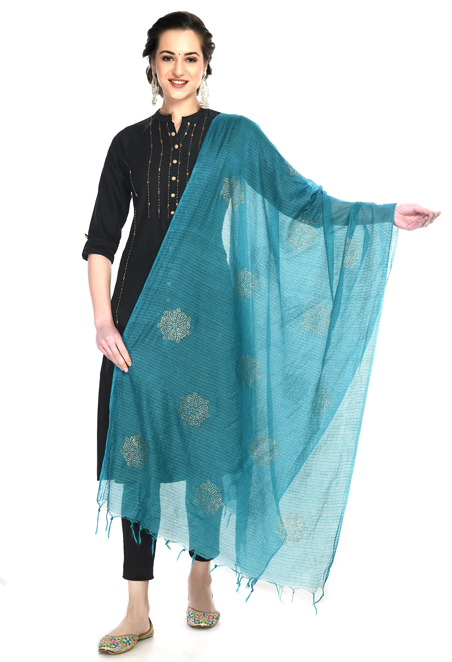 a r silk Women's Siroski Work Turquoise Colour Cota Cotton Fancy Dupatta/Chunnis-picture-27