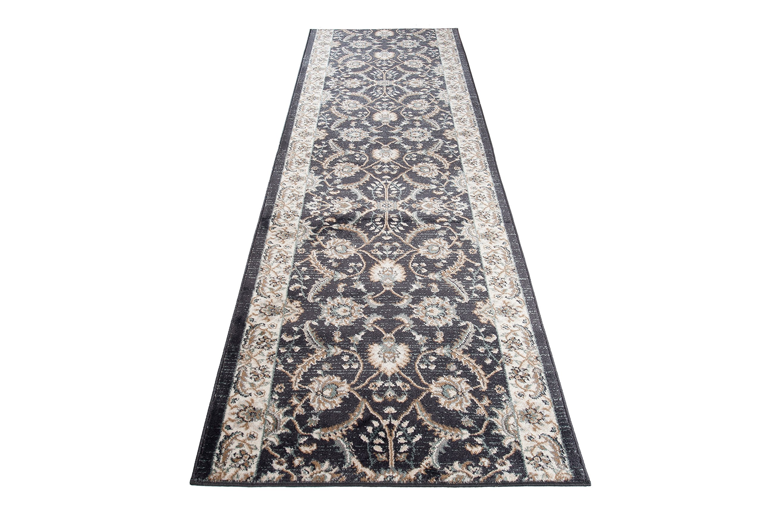 Tapiso Dubai chodnik dywan most czarny kremowy z klasycznym ornamentem kwiatowym wzór korytarz salon Ökotex 120 x 430 cm