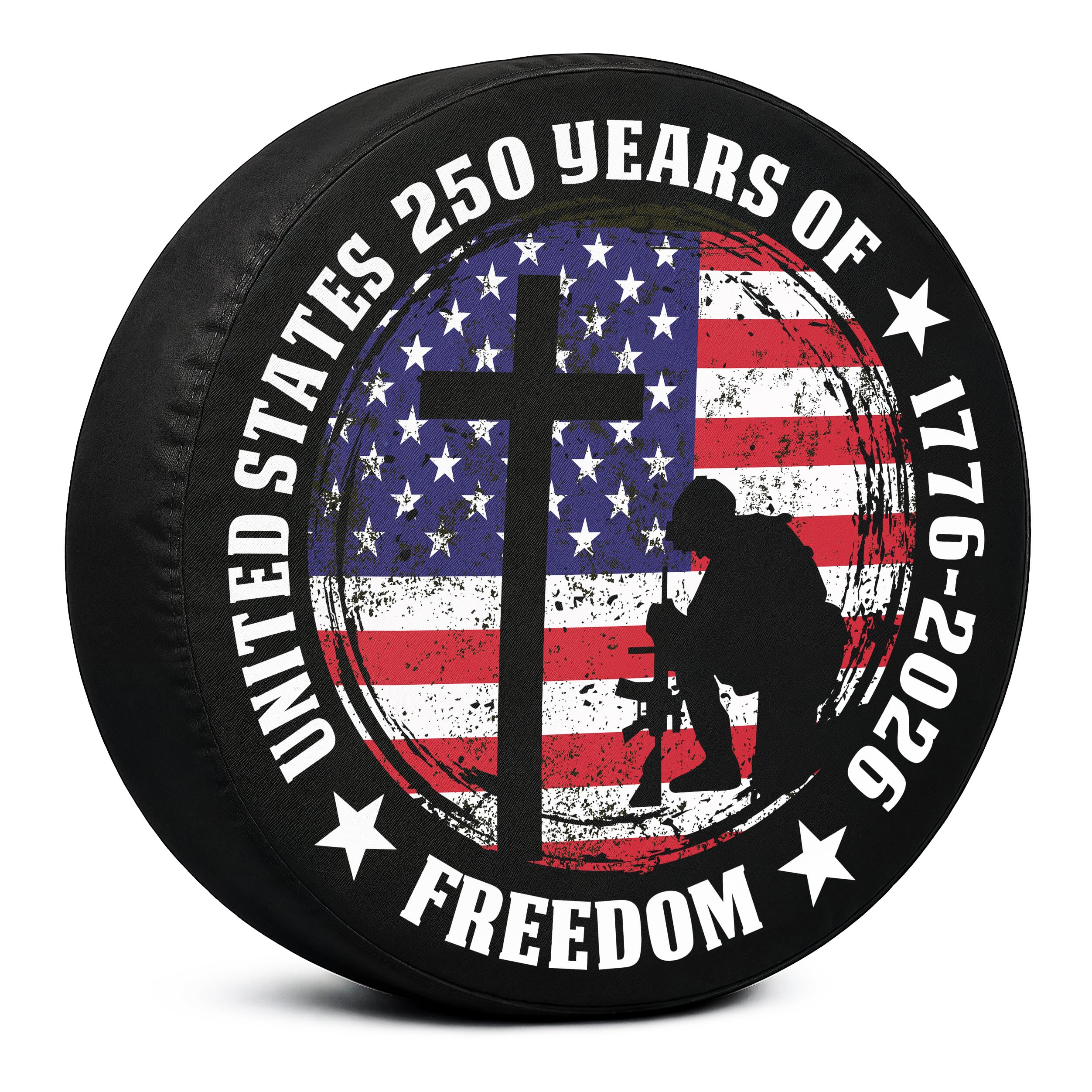 Spare Tire Cover American Flag 250 Years 1776-2026 Freedom Cross Kneeling Soldier Veteran Military Tribute Weatherproof Wheel Tire Cover Universal Fit for RV Trailer SUV Truck Camper