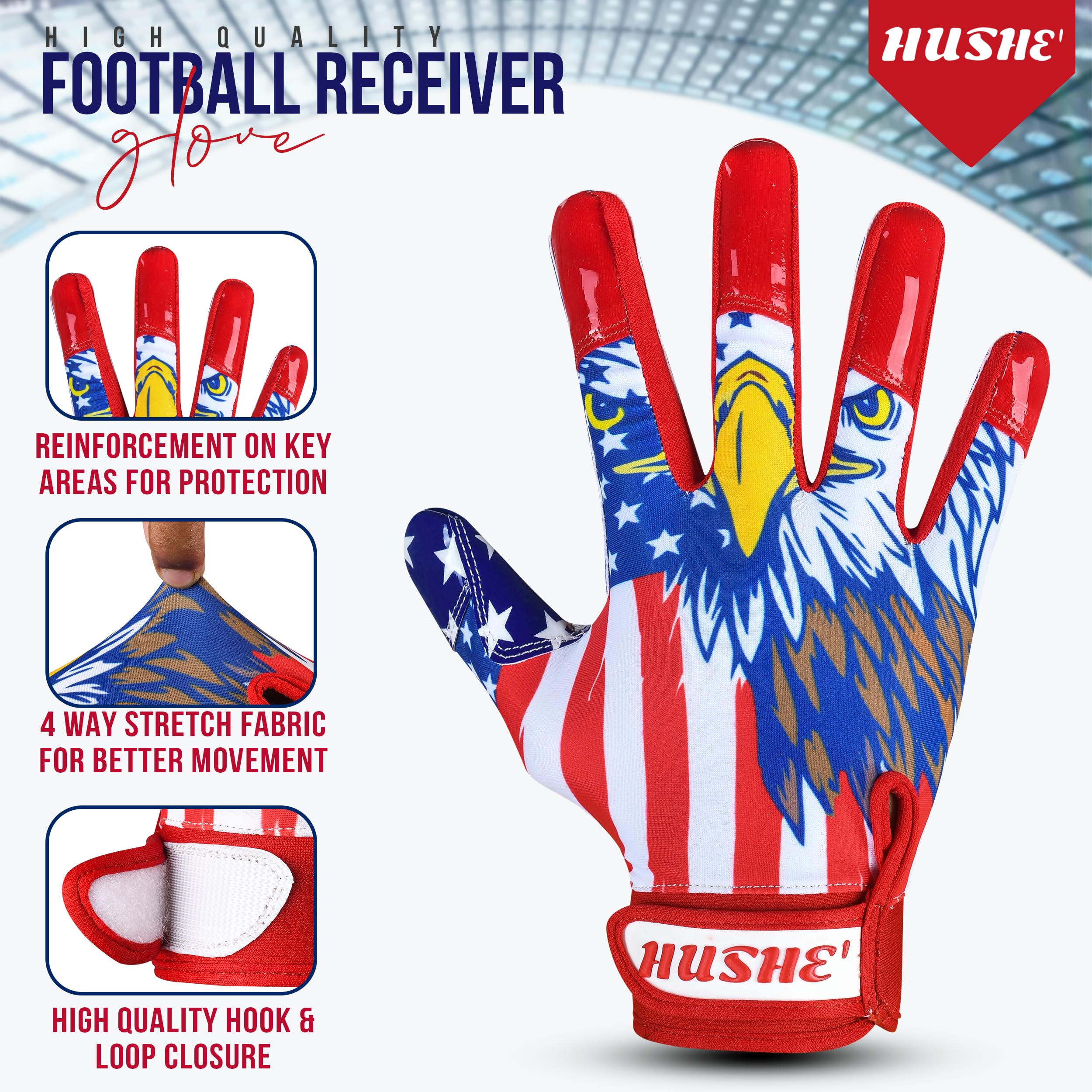 Hushe' Gants de football avec drapeau américain – Gants de receveur de football avec drapeau américain – Gants de réception de football pour adultes, jeunes et adultes.