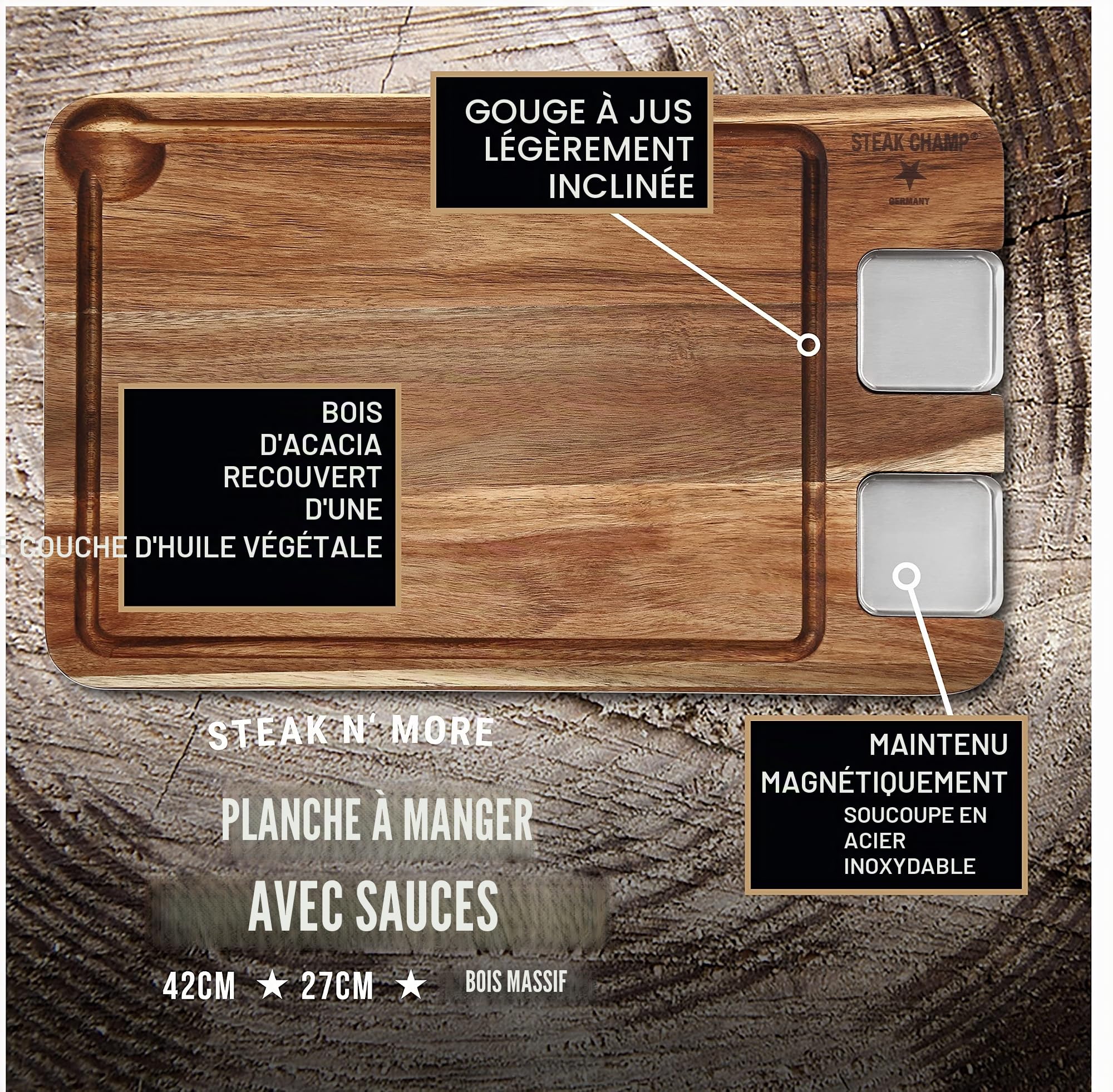 Steakchamp, Premium tavola da pranzo con salsiera, tavola da pranzo in acacia con salsiera in acciaio inossidabile e scanalatura per il succo, 42 cm x 27 cm