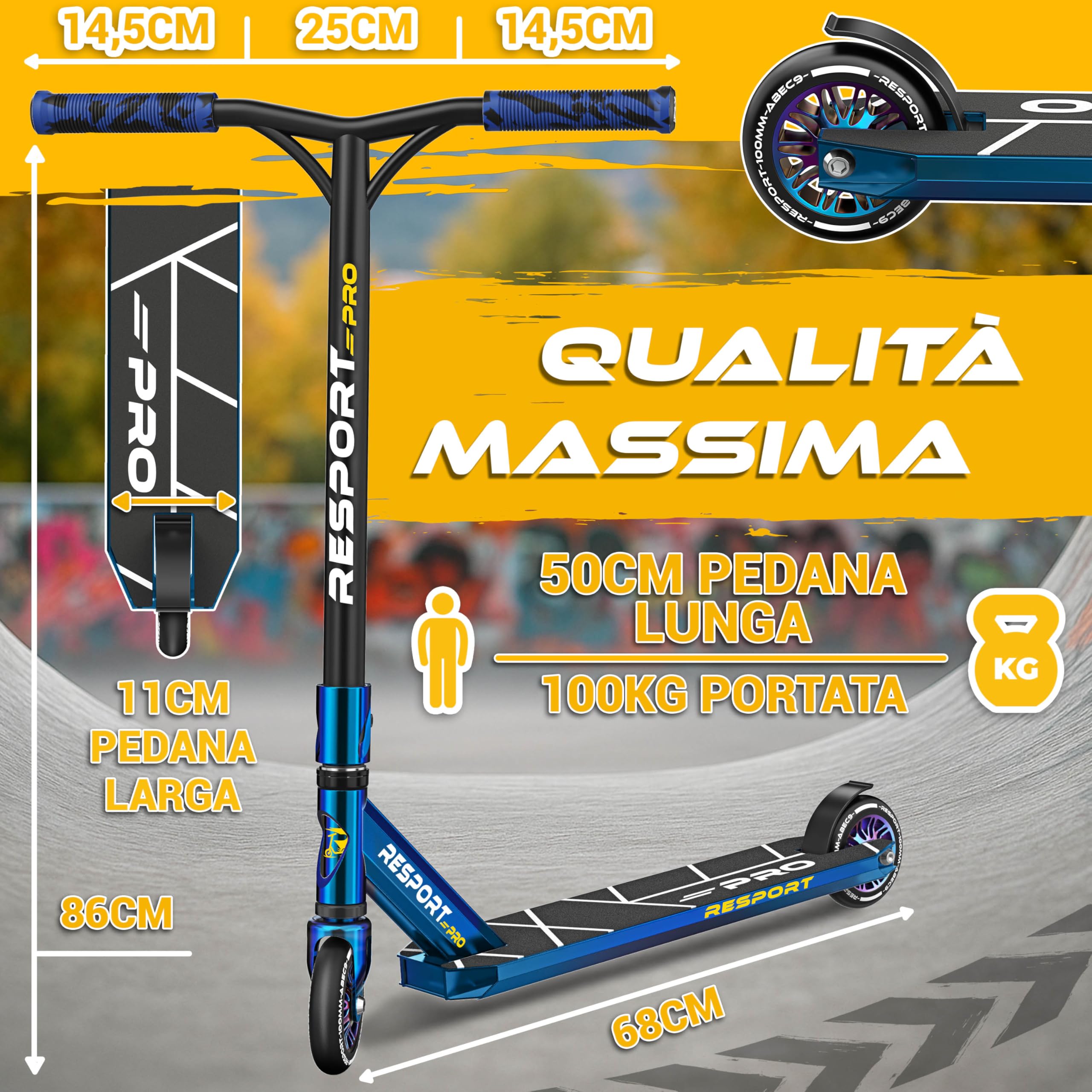 RE:SPORT Stunt Scooter Revo Pro per bambini e adulti con supporto, 110 mm, ruote in PU e Y-Bar, per acrobazie e monopattino ABEC 9, cuscinetti a sfera