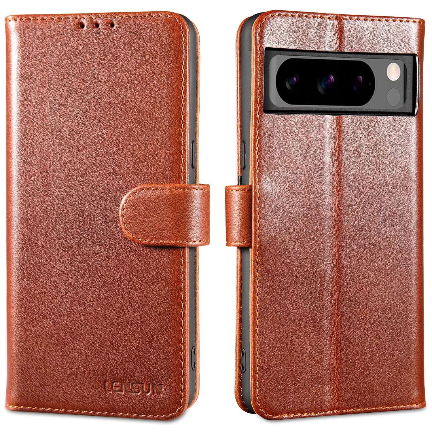 LENSUNGenuine Leather Case for Google Pixel 8 Pro, Flip Case with Card Slot, RFID Blocking, Dark Brown