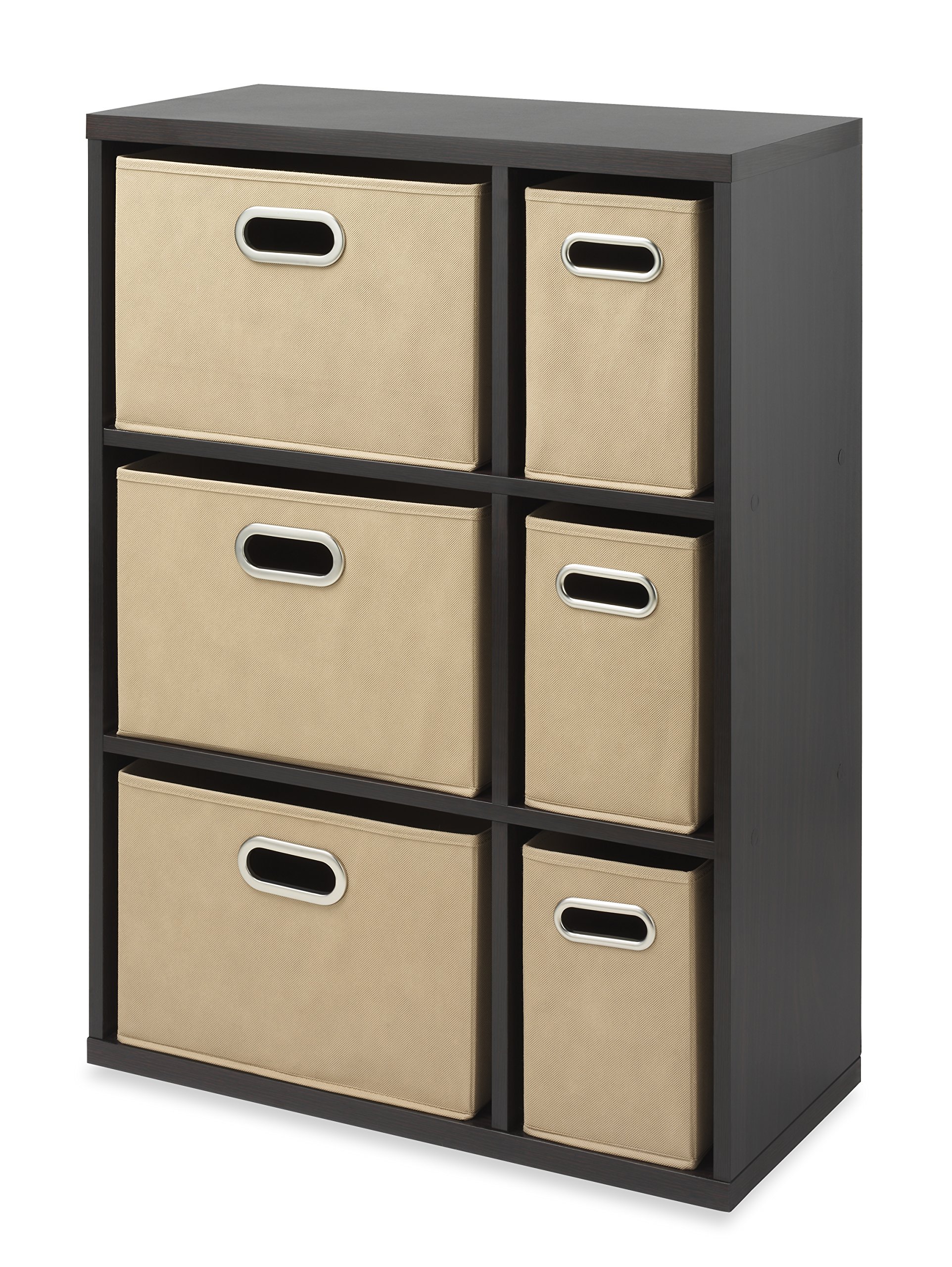 Whitmor Multipurpose Storage Organizer Cabinet with Removable Bins in Espresso finish, featuring three large and three small beige fabric bins.