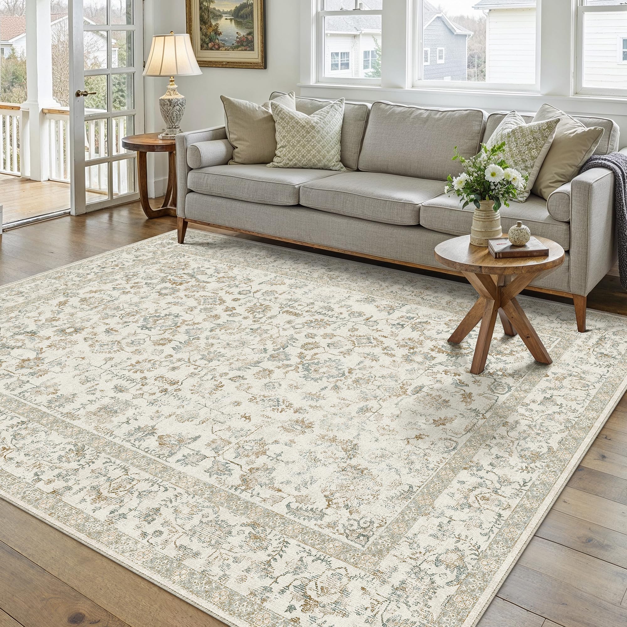 PureCozy 5x7 Taupe Area Rug Washable Non Slip Vintage Living Room Carpet
