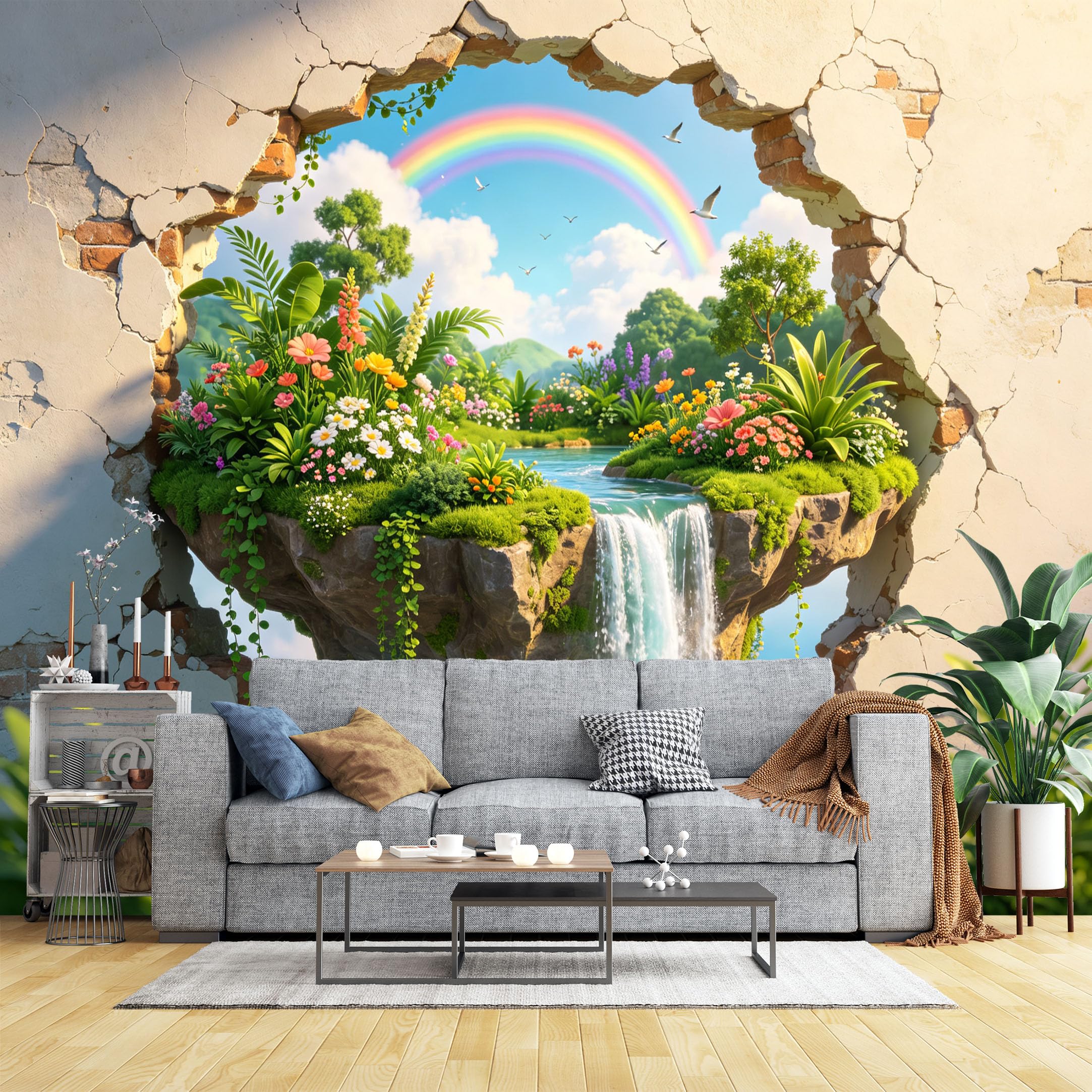 Custom Size Wall Murals Floating Island Waterfall Through Cracked Wall Wall Murals Fantasy Landscape Wallpaper, 3D Self-Adhesive Removable Wallpaper for Kids Room