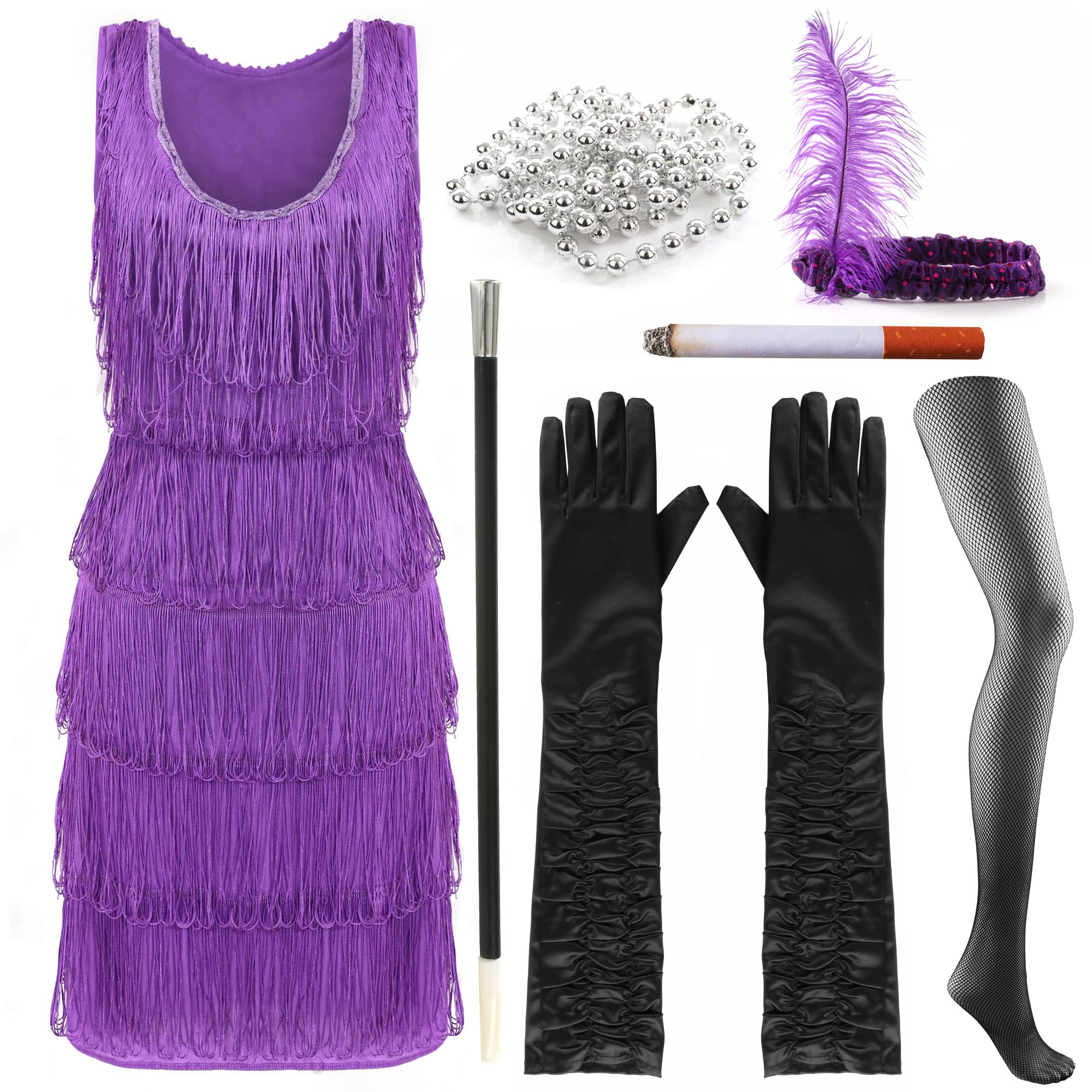 Flapper Dress with fringed Front & Back - Includes matching Headband, Fake Cigarette, Pearl Necklace & Gloves (Purple - Medium) โ image 1