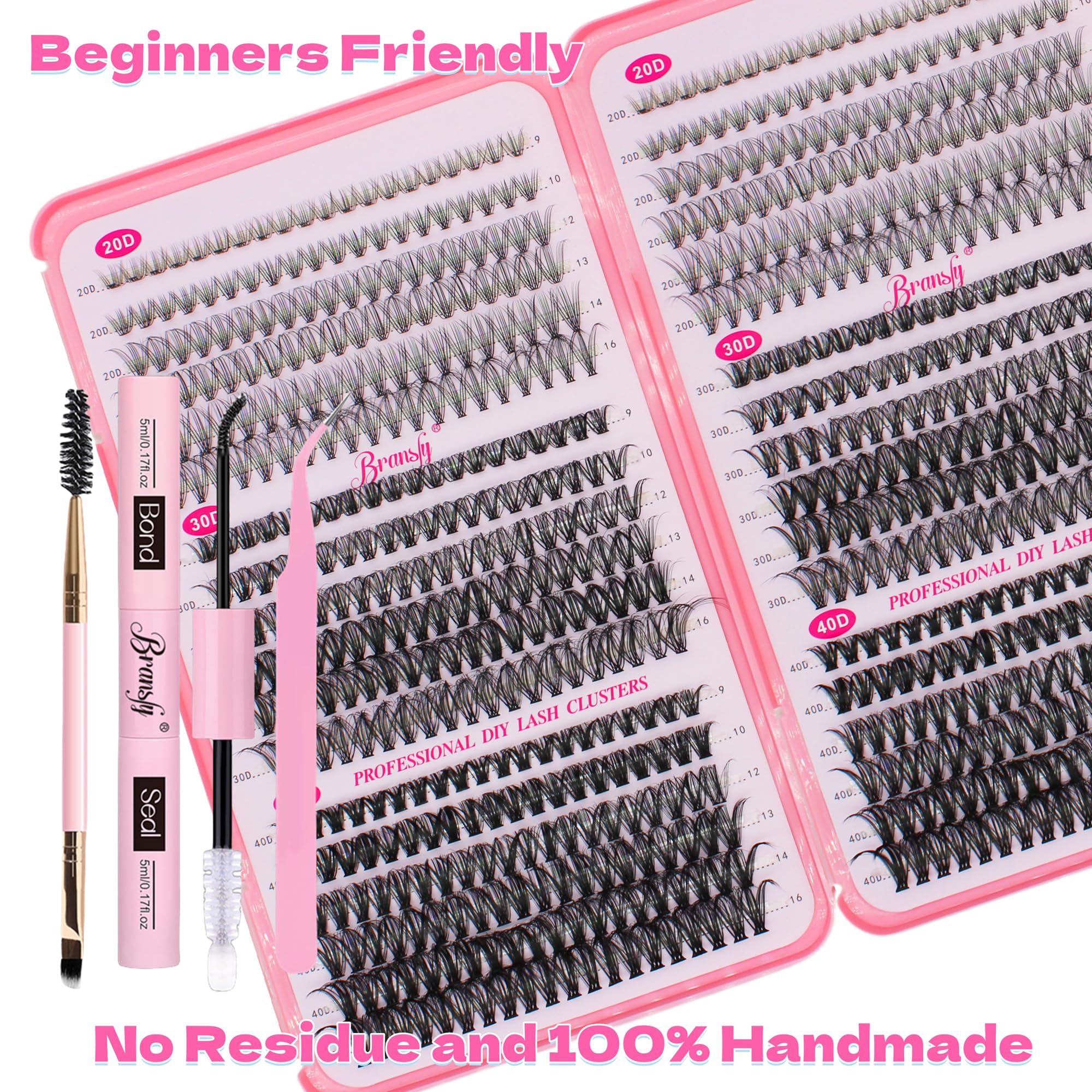 Bransfy 3 Styles 720pcs Lash Clusters Kit DIY Lash Extension Kit D Curl Eyelash Extensions 9-16MM Cluster Lashes with Waterproof Lash Bond and Seal Tweezers (20D+30D+40D,Kit) - Image 4