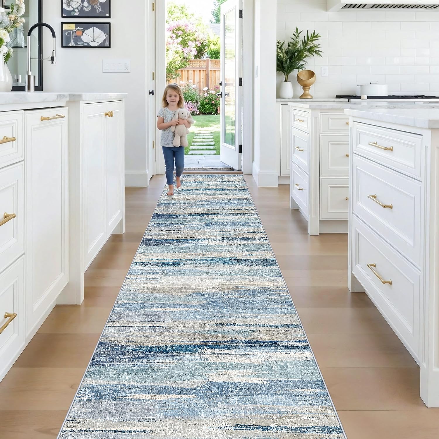 Runner Rug for Hallway 2'6x12 - Indoor Modern Abstract Long Washable Rugs with Non Slip Backing Ultra Soft Low Pile Carpet for Kitchen Entryway Home Decor Floor Mat for Bathroom Laundry 2'6x12 Blue image 3