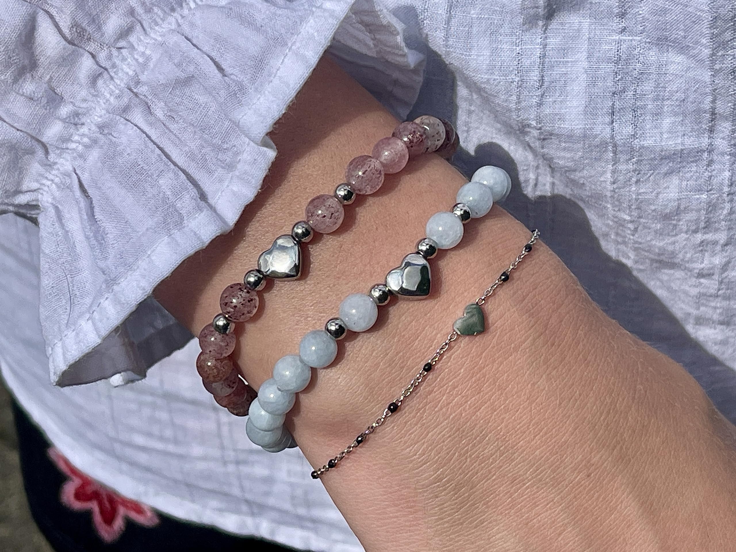 Erdbeerquarz Armband Perlen echt 6mm Herz Edelstahl Silber Gold Roségold oder Ionisiert - Handmade Perlenarmband Konzentration Lebensfreude Humor - Spiritueller Schmuck Damen Mädchen