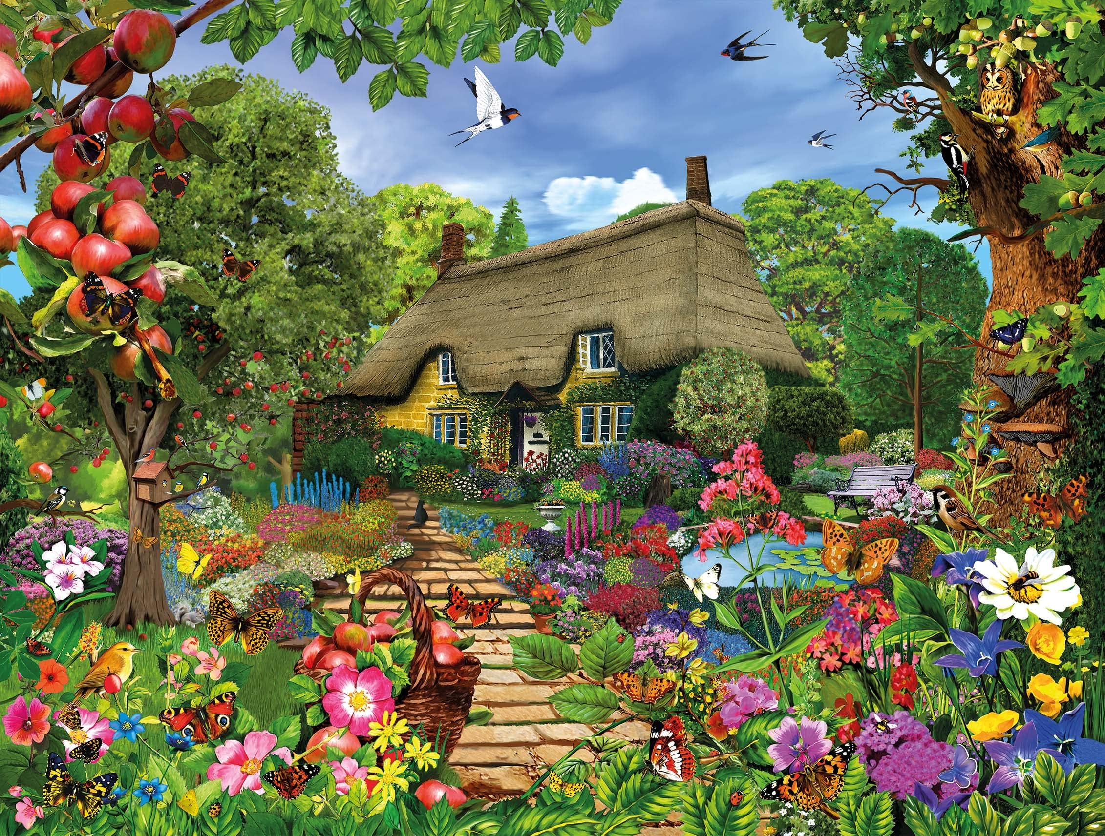500 Piece Jigsaw Puzzles For Adults - Thatched Cottage Garden - British Artist | Made in the UK | Recycled Puzzleboard | 50cm X 38cm, Jigsaw Puzzles For Adults