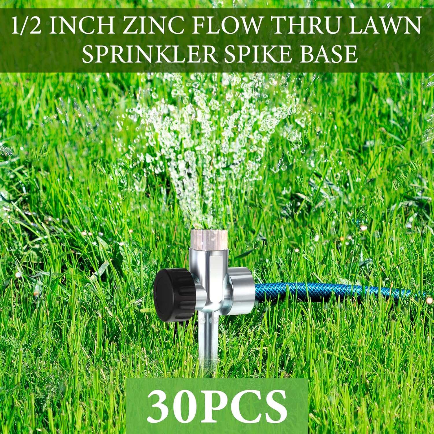 Riakrum 30 Pack 1/2 Inch Zinc Alloy Lawn Sprinkler Spike Base with 60 Pcs Hose Rubber Washers, Water Flow Thru Grass Sprinkler for Garden Yard Ground Grass Irrigation System, 1/2 Inch Pipe Thread