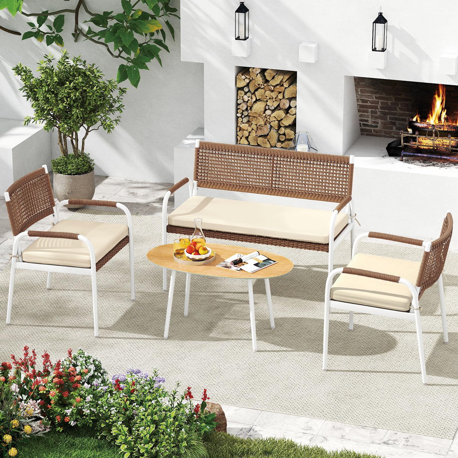 COSTWAY Set Salotto da Giardino 4 Pezzi, Divanetto in Rattan PE e 2 Poltrone con Cuscini Morbidi, Tavolo in Vetro Temperato, Set di Mobili da Esterno per Balcone, Veranda, Giardino e Cortile