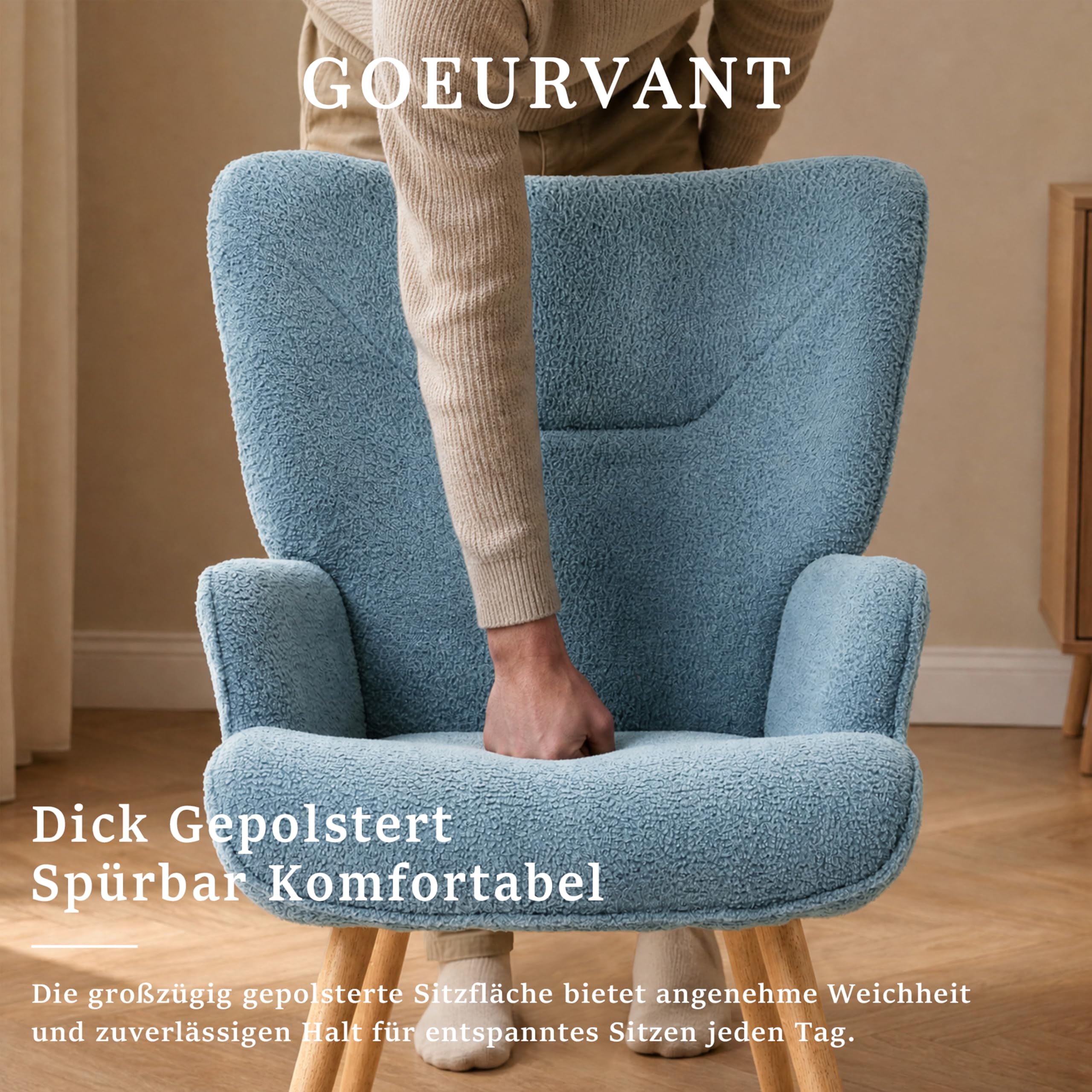 Ohrensessel Sessel Wohnzimmer mit Hocker, Skandinavischer Stil Relaxsessel Polstersessel mit Hoher Rückenlehne Loungesessel aus Teddy-Stoff, Taubenblau