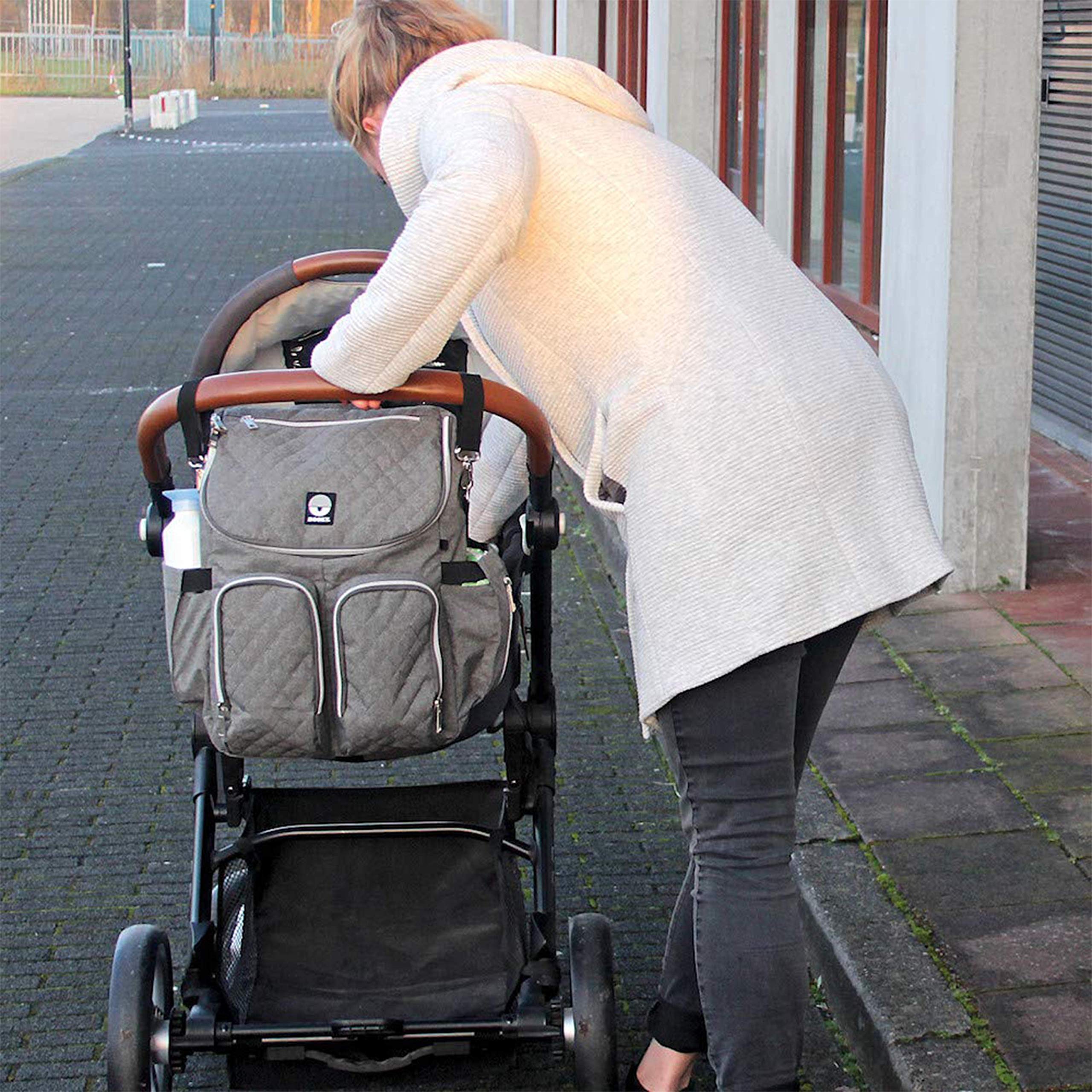 Dooky Wickeltasche 2 in 1 Universal Baby Kinderwagen Tasche Rucksack Kombination mit Reißverschluss (inkl. Wickelauflage/Wickelunterlage, 11 Fächer, verstellbare Riemen), Grau Melange
