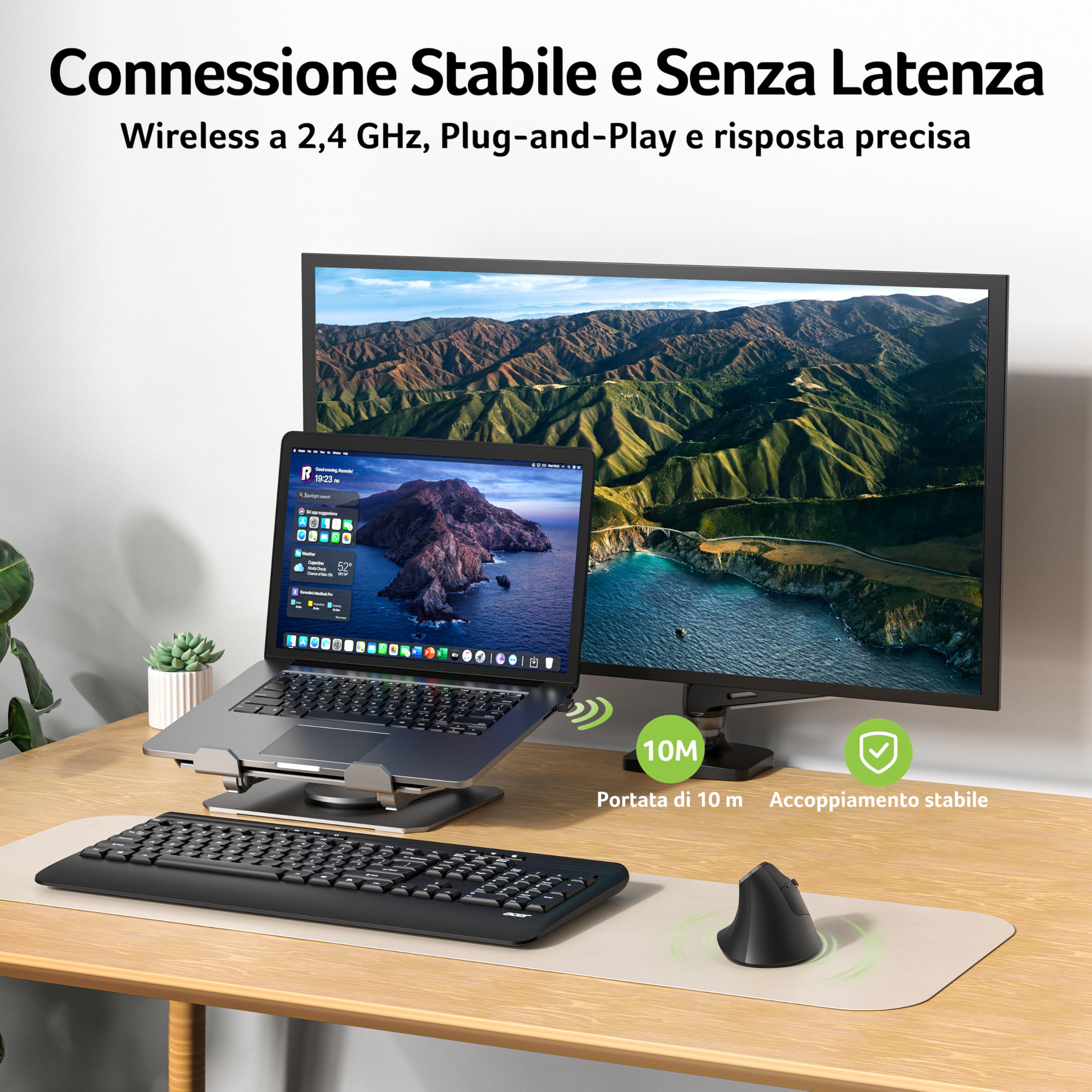 Acer Mouse Wireless Ergonomico, 2,4 GHz Mouse Verticale Senza Fili, USB C Ricaricabile, 3 DPI regolabili 1600, 6 pulsanti, Ricevitore USB per laptop, PC, iMac, desktop, ecc.
