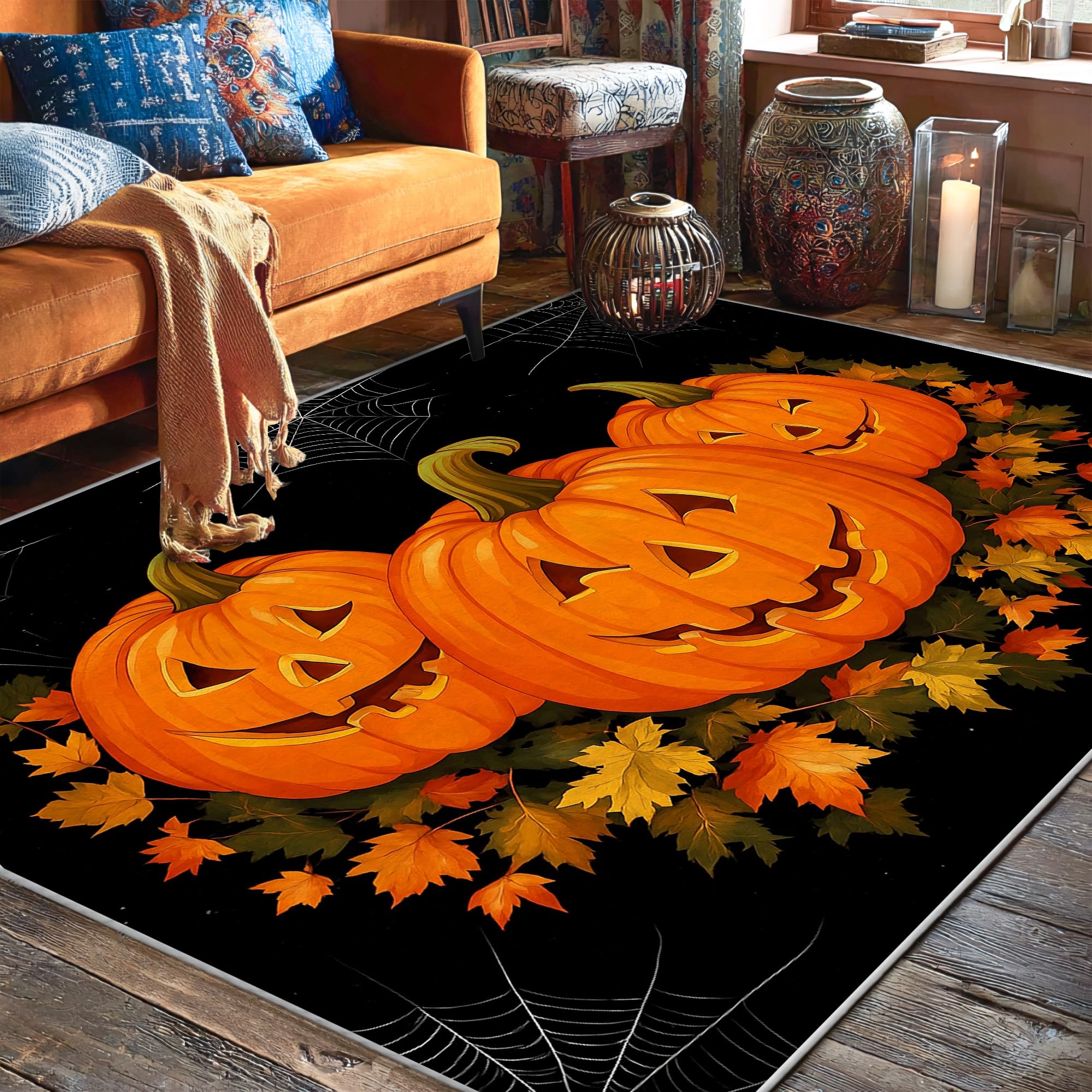 Tapis de citrouille Halloween en poils courts pour deco salon salle a manger 1.5m