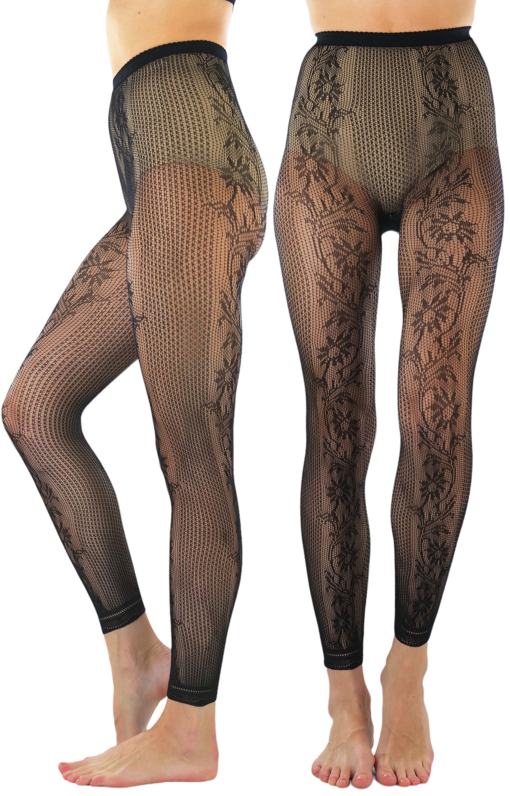 ToBeInStyle Women's Single Floral Lace Fishnet Tights Footless &amp; Stirrup Design