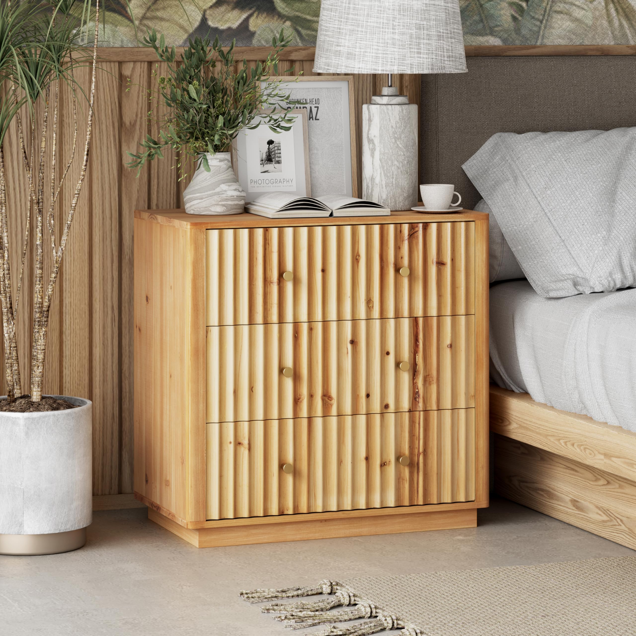 COZAYH 3-Drawer Farmhouse Dresser with Handcrafted 3D Vertical Wave Pattern, Mid-Century Wood Nightstand with Waveform Fluted Panel for Bedroom, Entryway, Fully Assembled, Modern Rustic (Natural)