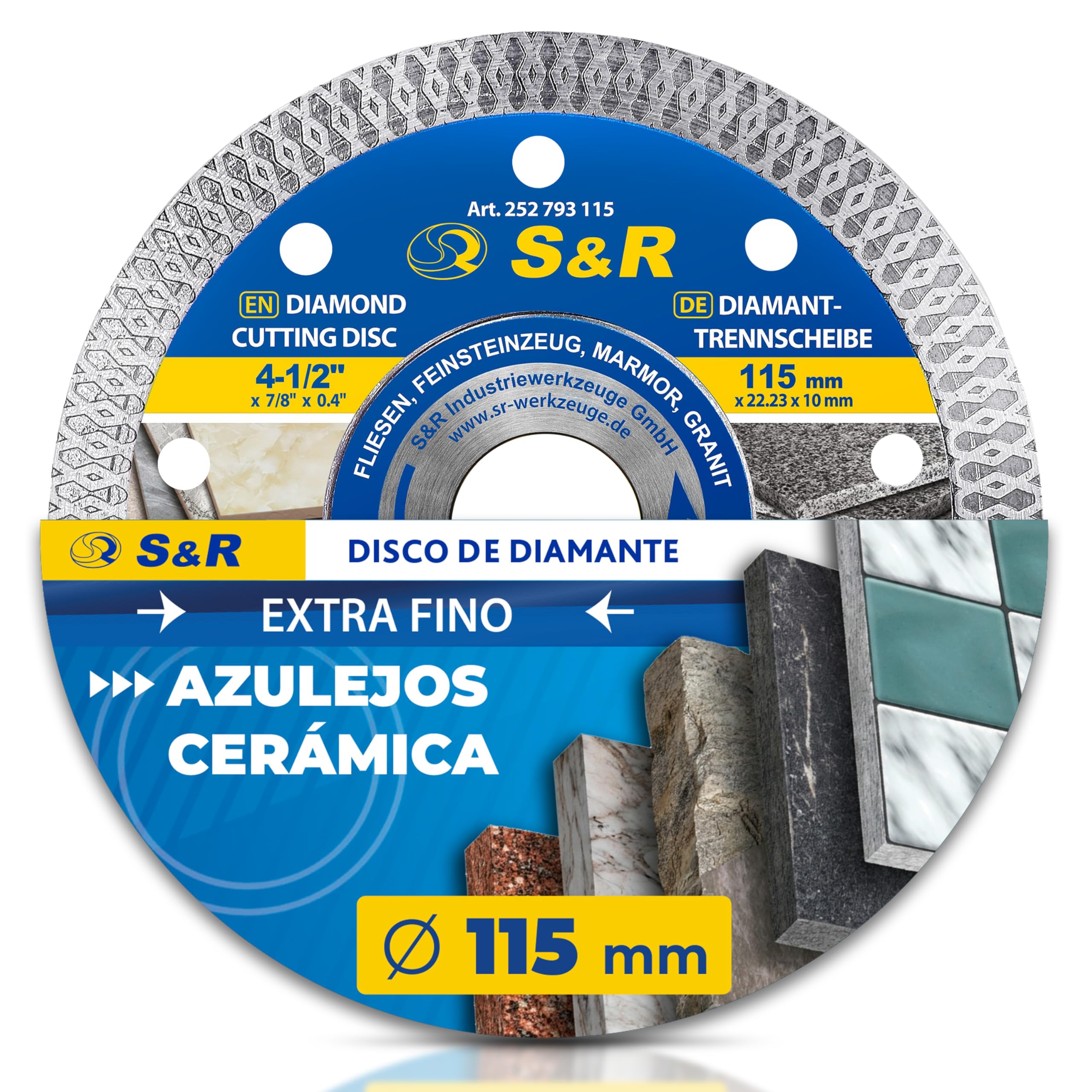 S&R Disco Corte Porcelanico 115 Disco Diamante 115mm Azuleos Cerámica Baldosas Granito y Mármol. Disco Porcelanico 115 Radial diamantado para Amoladora 115 y 125 Bosch Ruby Makita Dewalt
