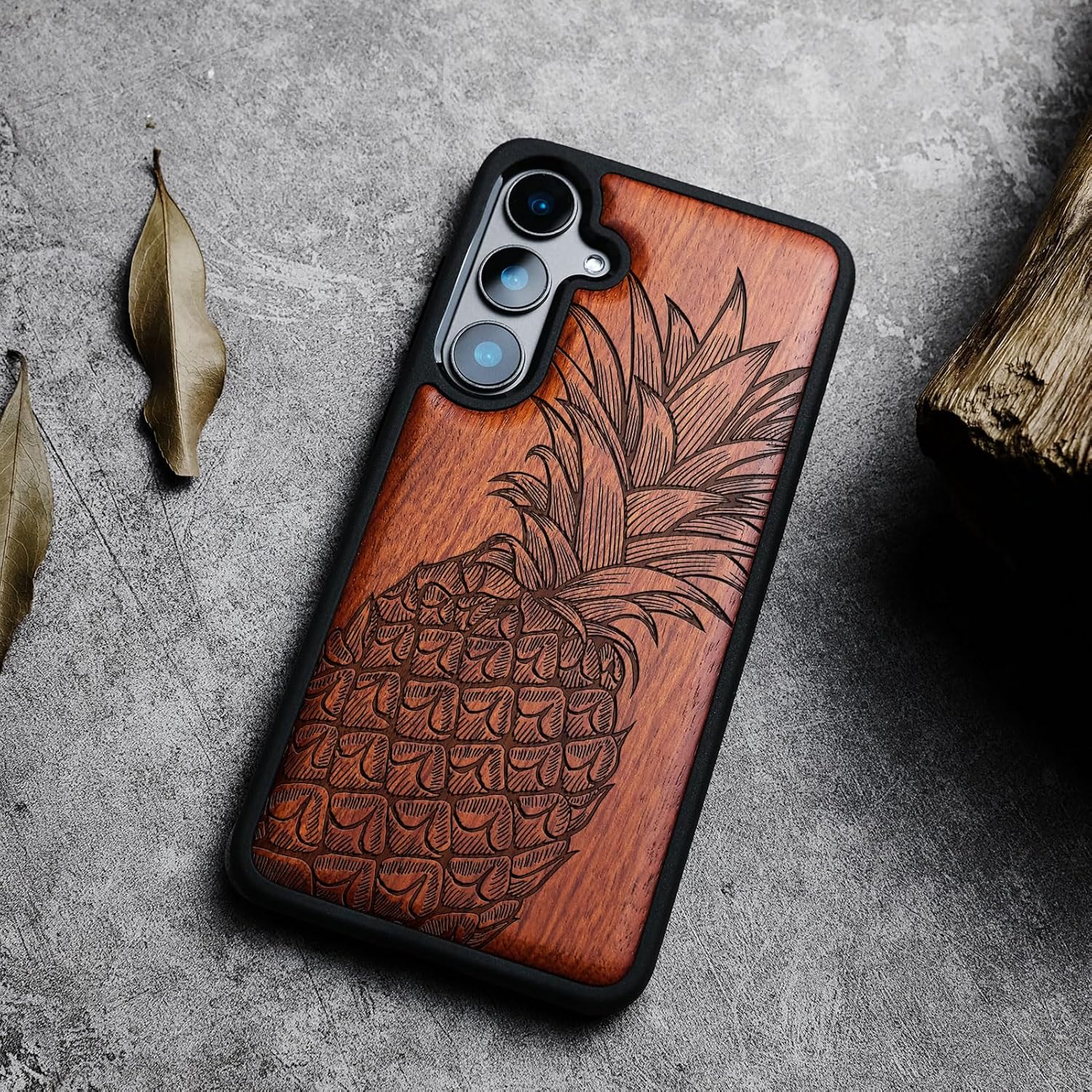 Carveit Wood Case for Galaxy S24 Case [Natural Wood & Black Soft TPU] Shockproof Protective Cover Unique Wooden Design Compatible with Samsung S24 (Pineapple Design-Rosy)