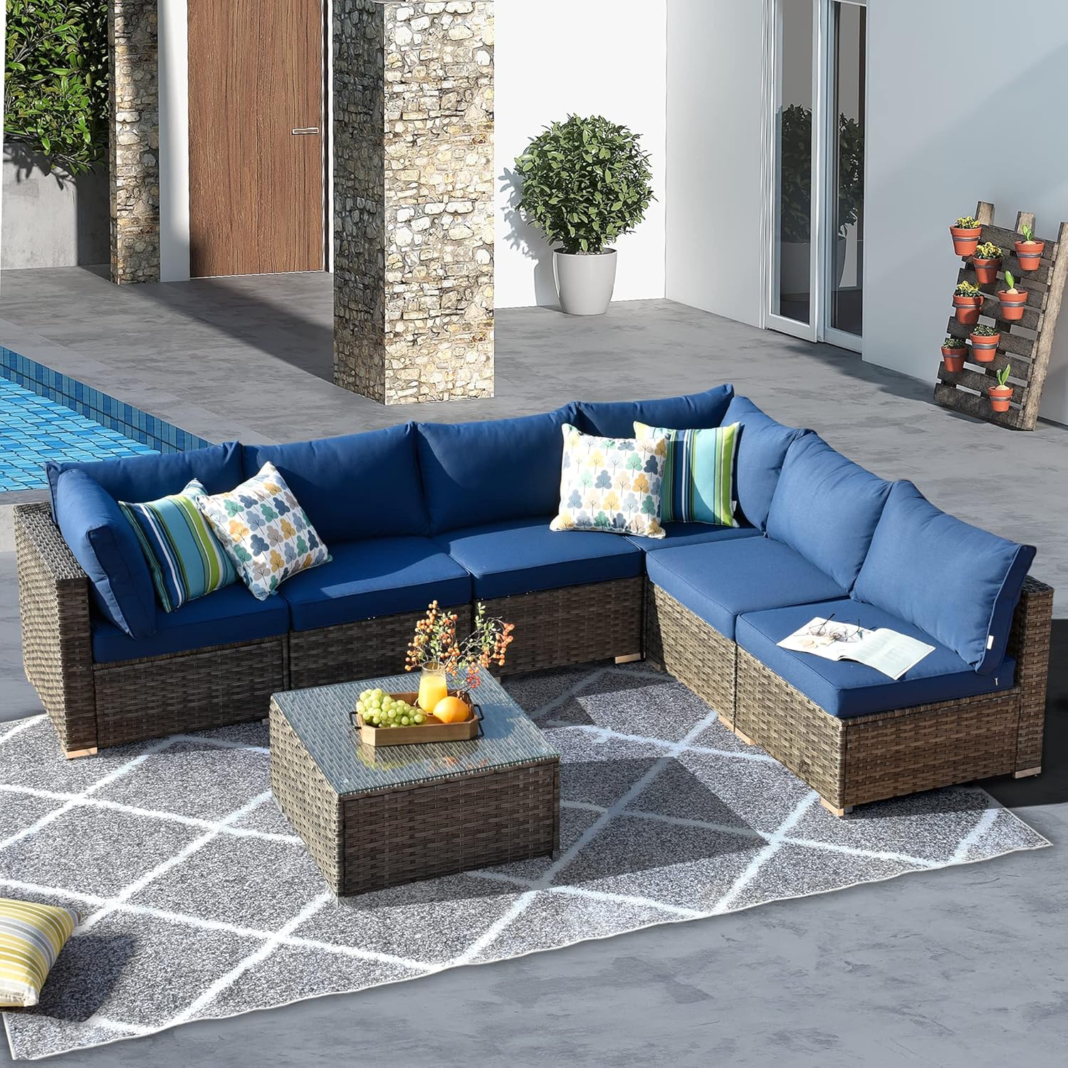 HOOOWOOO Sectional Patio Furniture Set 7 Pieces Wicker
