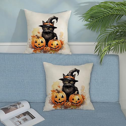 Miniatura 3 de Fundas de almohada de Halloween de 18 x 18 pulgadas, juego de 2 fundas de almohada de gato negro con calabaza, decoraciones de Halloween, fundas de