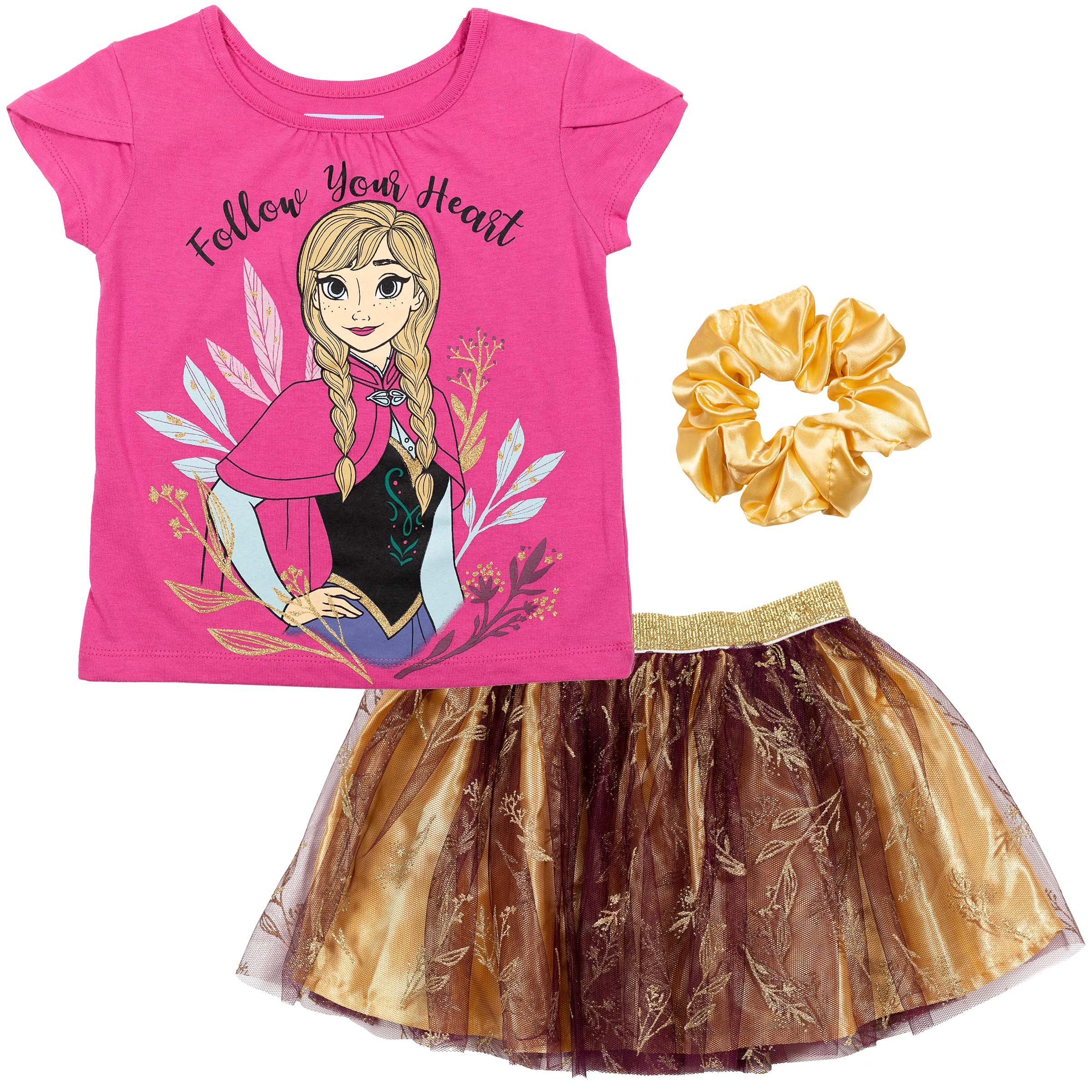 DisneyPrincess Moana Frozen Girls T-Shirt Tulle Mesh Skirt and Scrunchie 3 Piece Outfit Set Toddler to Big Kid