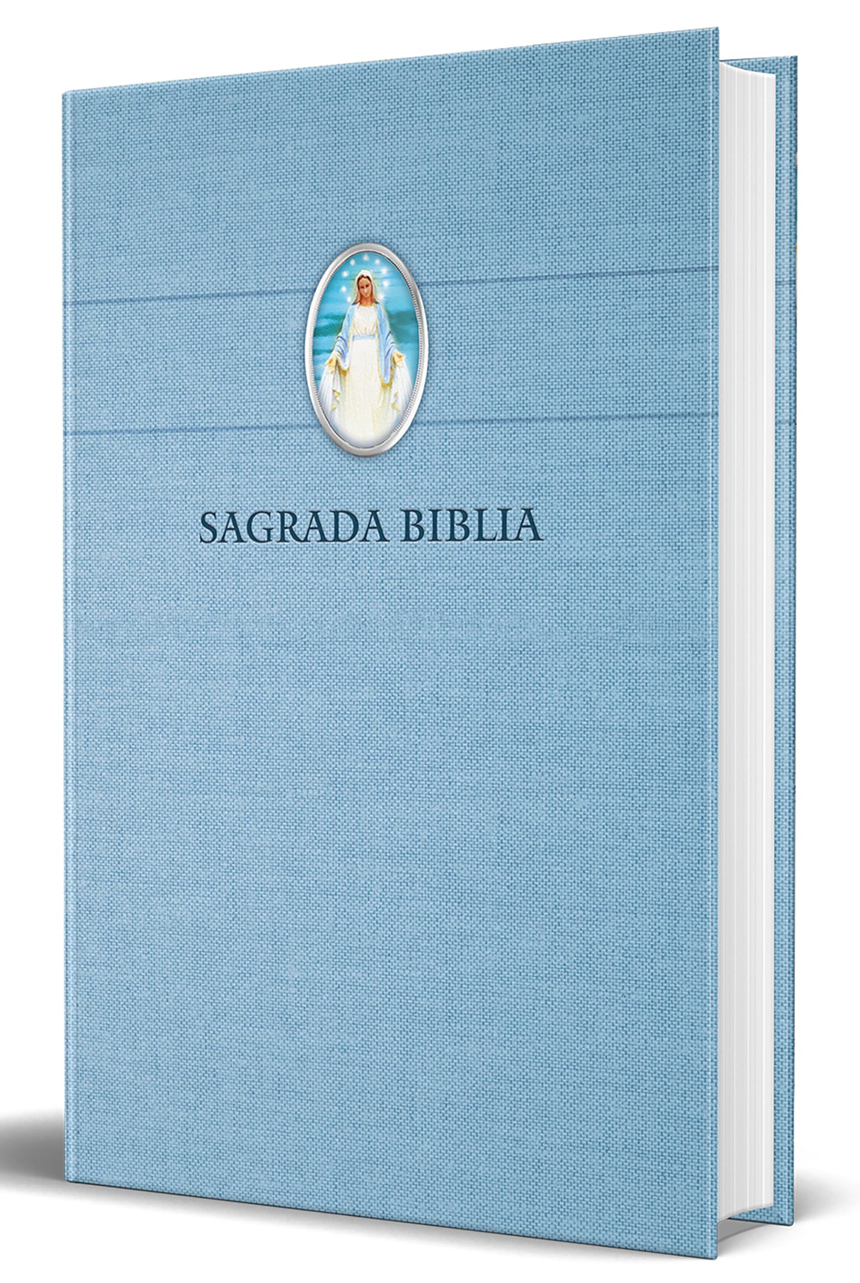 Biblia Católica en español. Tapa dura azul, con Virgen Milagrosa en cubierta / Catholic Bible. Spanish-​Language, Hardcover, Blue, Compact