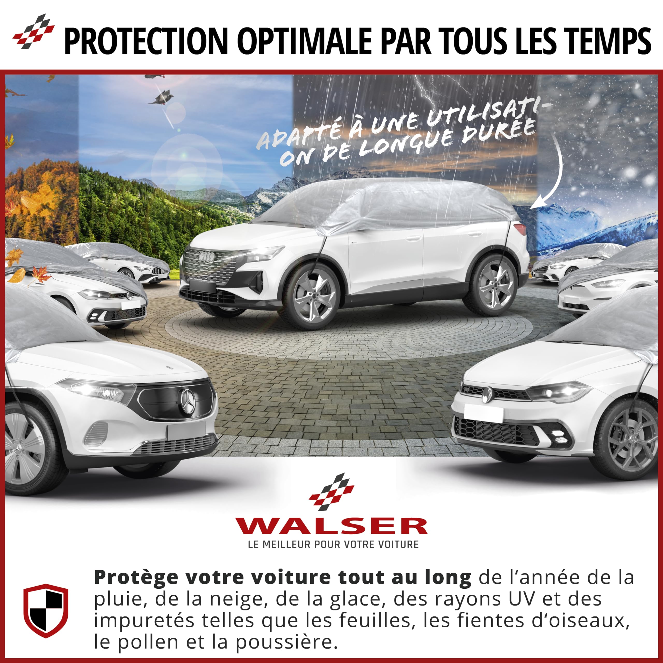 WALSER Bâche de Protection pour Voiture All Weather, 100% bâche Voiture imperméable, Housse Voiture imperméable, Bâche de Voiture Demi-bâche Taille 2 Argent