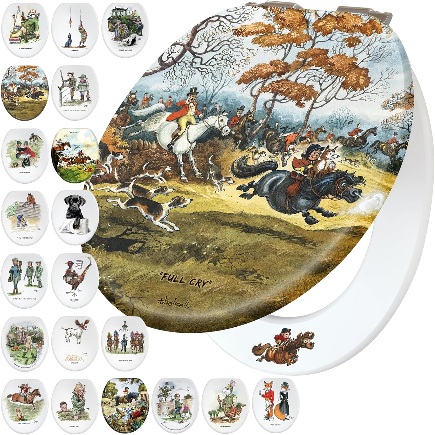 British Fun Novelty Toilet Seat Soft Close,Top & Bottom Fixing, Printed On 3 Surfaces With Thelwell Equestrian Art. Traditional Fox & Hound, Horse Riding Home Gift Idea For Friends & Family.