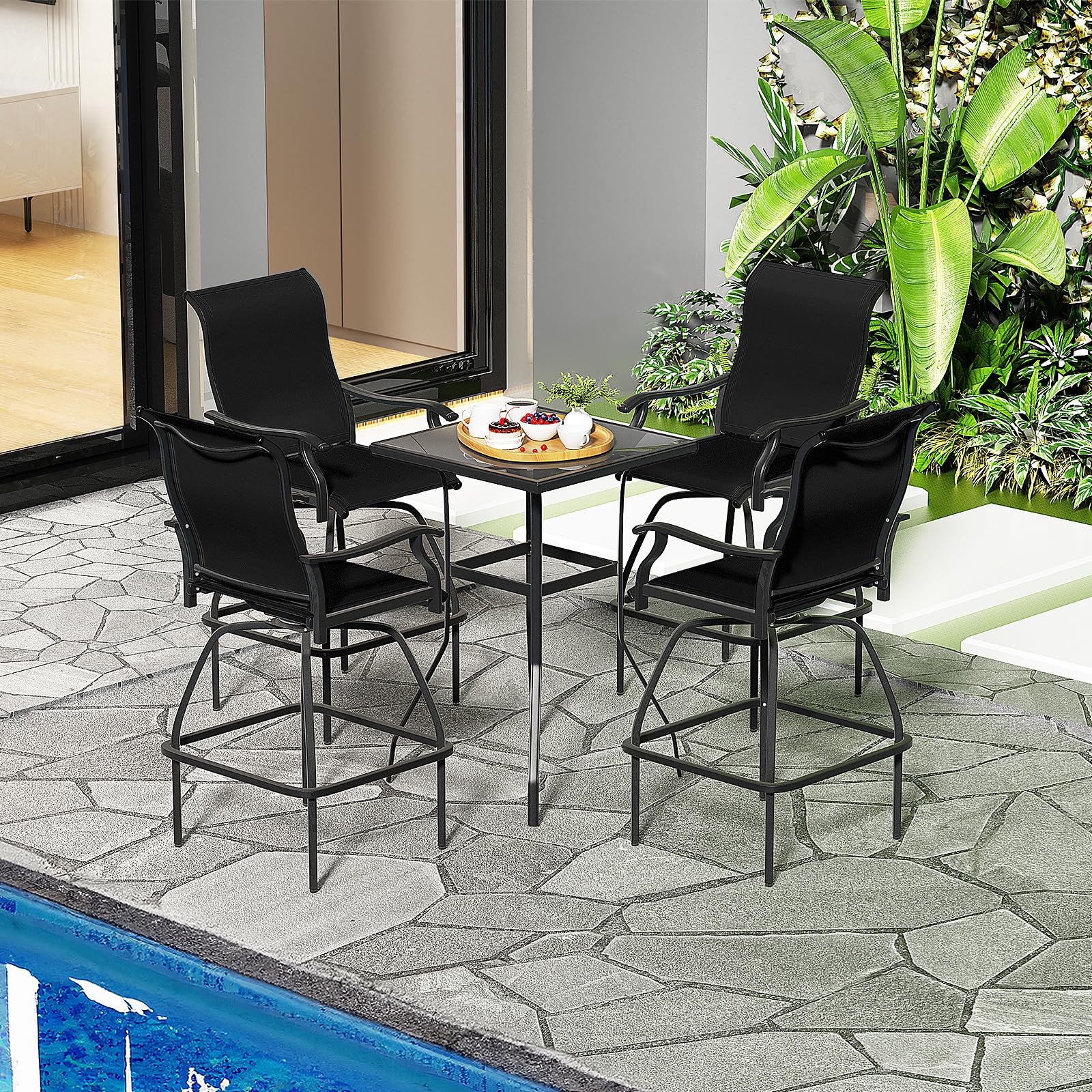 LEVELEVE Patio Bar Set 2pcs Swivel Bar Stools Outdoor Bistro Textilene Furniture Stability All-Weather Set (4, Lake Blue Padded)