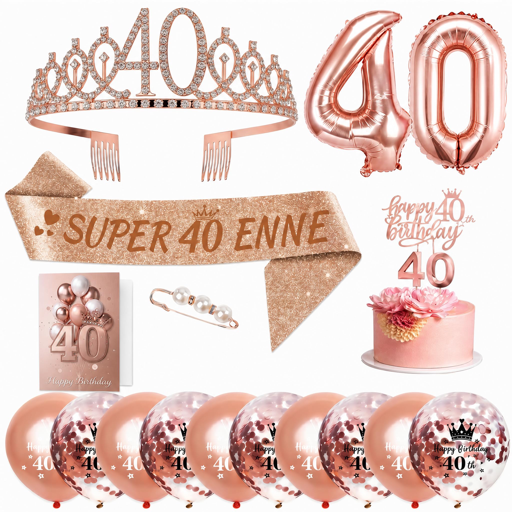 Kit Decorazioni Compleanno Donna Oro Rosa, con Fascia, Diadema, Palloncini, Cake Topper, Candeline e Biglietto di Auguri, 18 30 40 50 60 70 80 Anni (40 Anni)