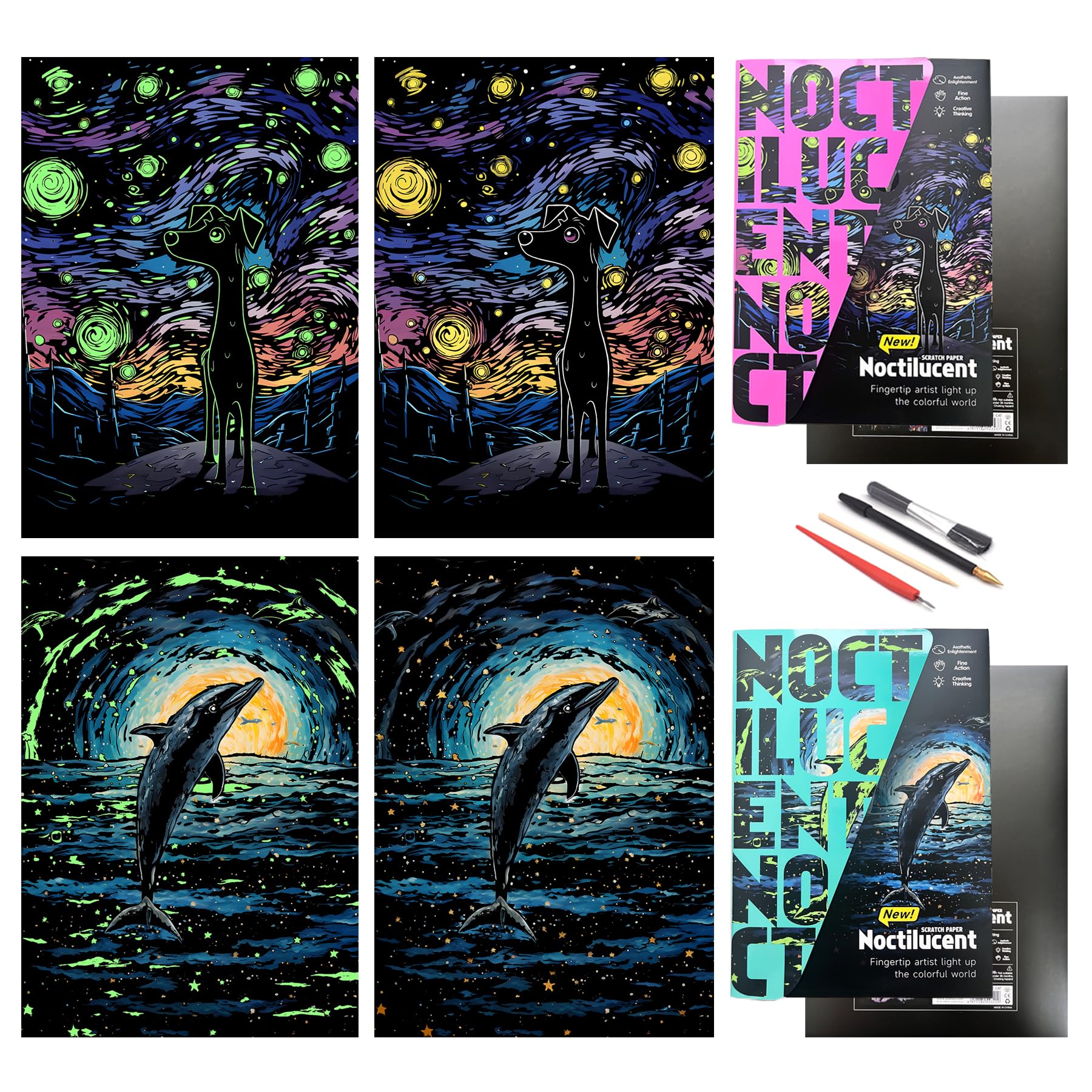 SiYear Scratch Paper Rainbow Painting Sketch, City Series Night Scene,Scratch Painting Creative Gift,Scratchboard for Adult with 4 Tools,Size:16''x11'' (Dogs + Dolphins)