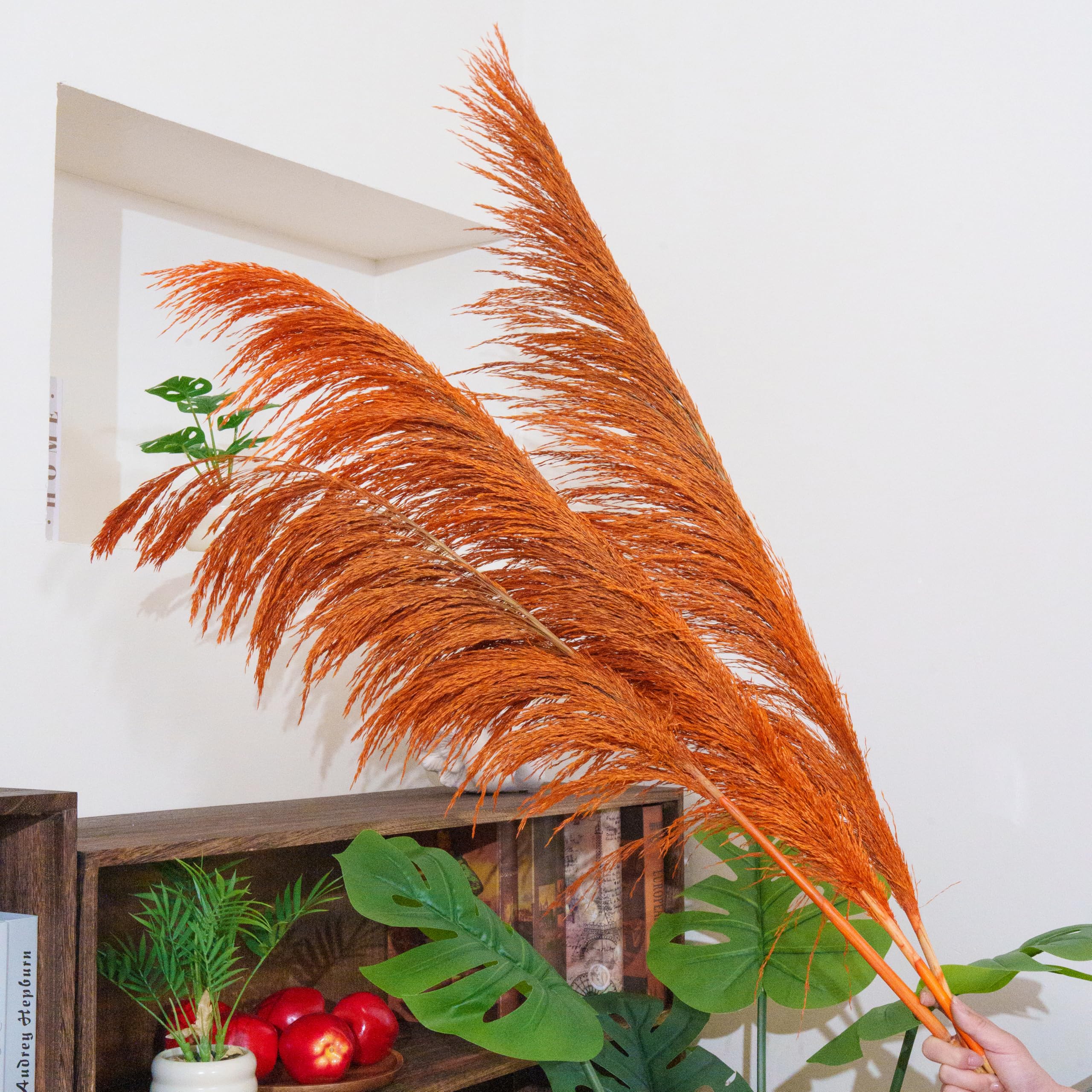 Grande Erba di Pampa Arancione bruciata, 4 pezzi da 110 cm, grande erba di Pampa colorata secca naturale, floreale di Pampa marrone con aroma di fiori secchi, pianta secca lunga per il soggiorno