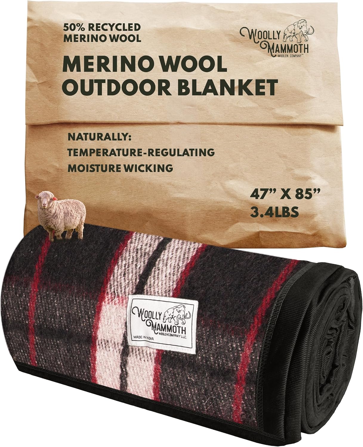 Woolly Mammoth Woolen Company Merino Wool Throw Blanket - 50% Wool Blanket - Insulated for Camping, Backpacking, Hiking, Stadiums - Essential Survival Gear for Car Kits (85" x 47" Magma Plaid)