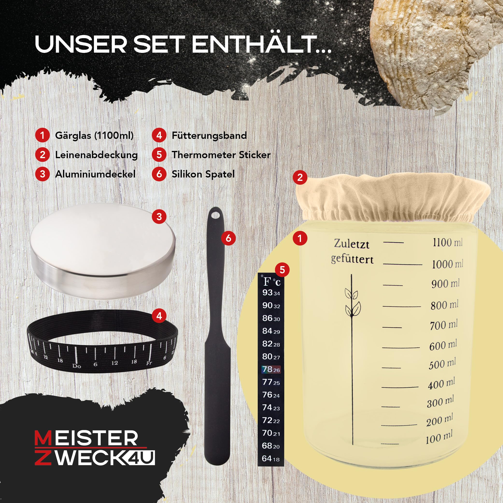 Kit de démarrage pour levain - Bocal 1100 ML avec thermomètre, Bande de nourrissage, racloir, Couverture et Couvercle en Aluminium - Accessoires pour la Boulangerie Maison